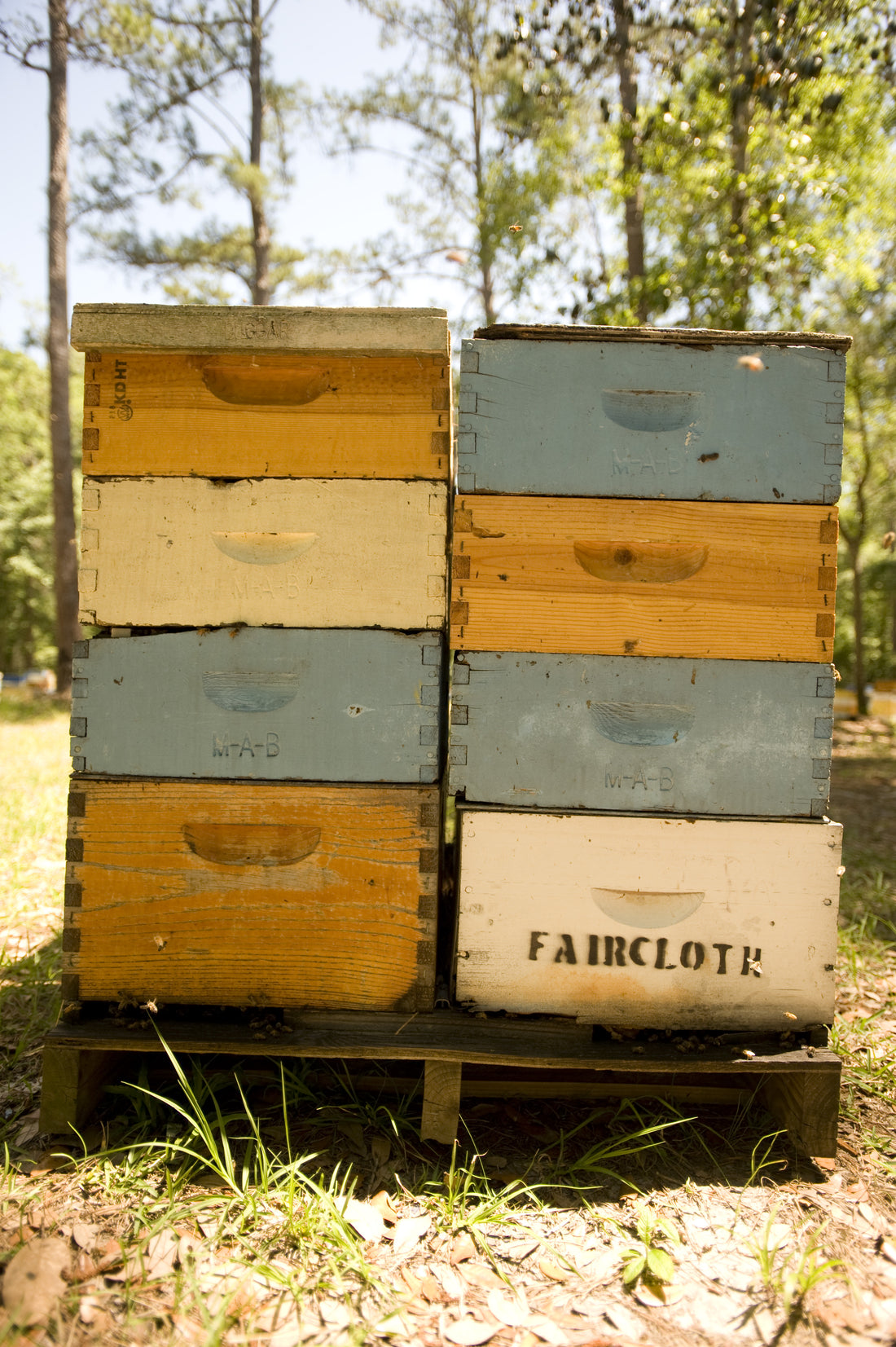 Colorful bee boxes stacked