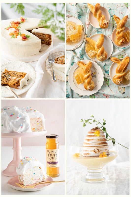 Collage of Easter recipes featuring carrot cake, angel food cake, lemon meringues, and yeast rolls