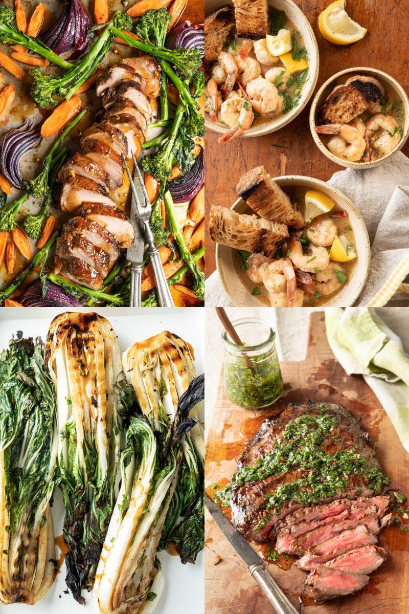 Images of honey marinade recipes boky choy, pan pork, flank steak, honey walnut shrimp.
