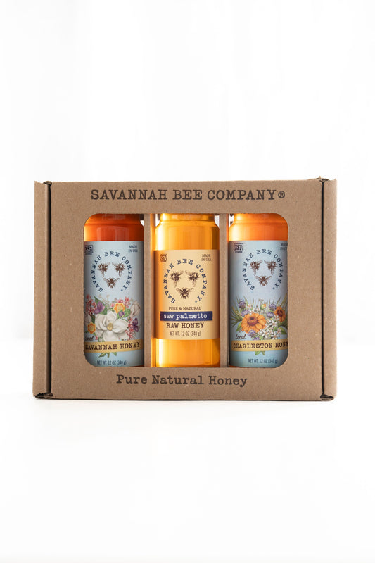 Local Savannah Honey, Pure & Natural Saw Palmetto Raw Honey and Local Charleston Honey 12 oz. towers in a gift box.