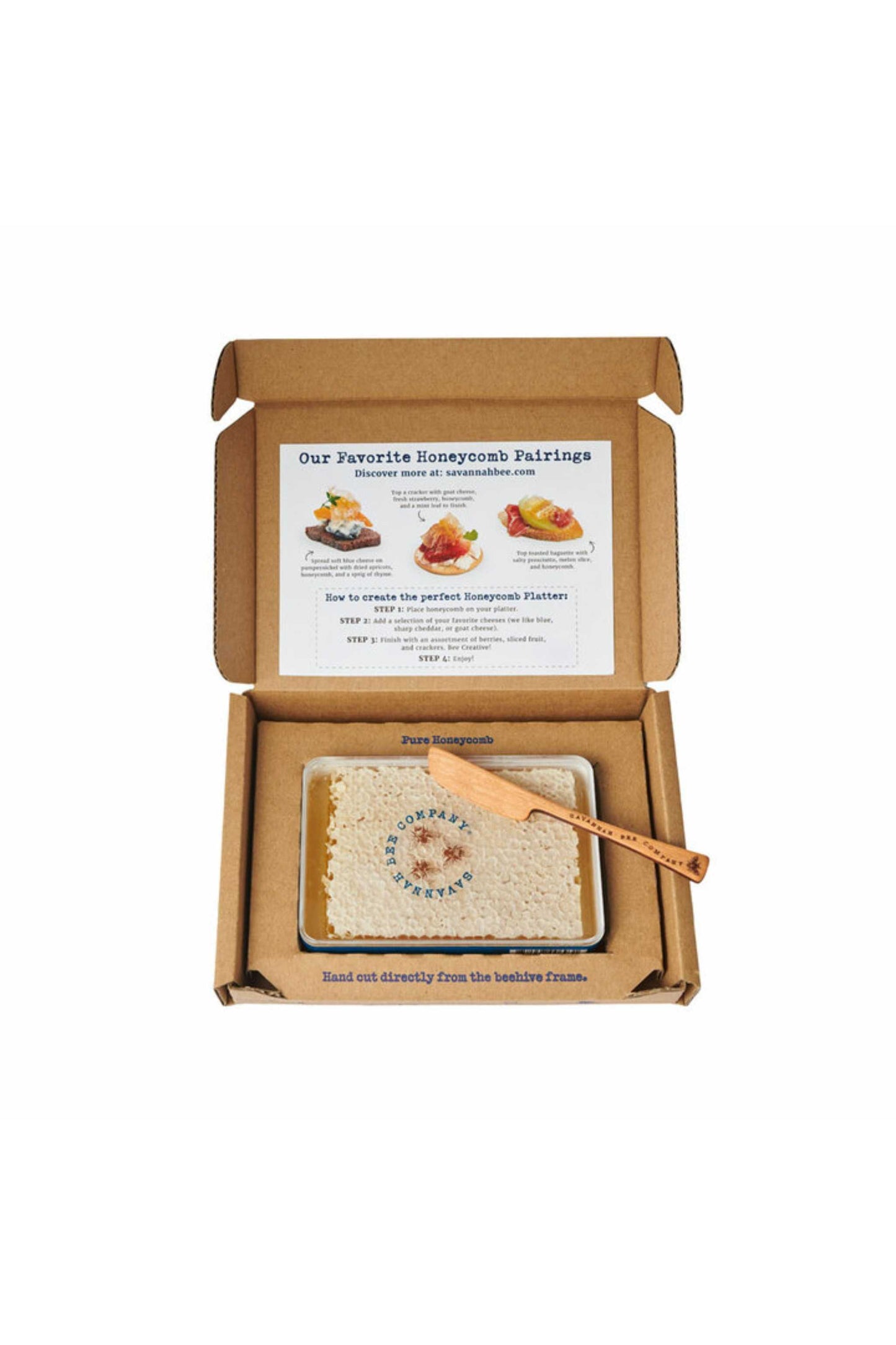 12.3 oz Large Raw Honeycomb with Honeycomb Knife inside a gift box studio image