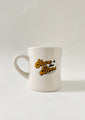 White Diner Mug with Save the Bees in yellow and brown lettering