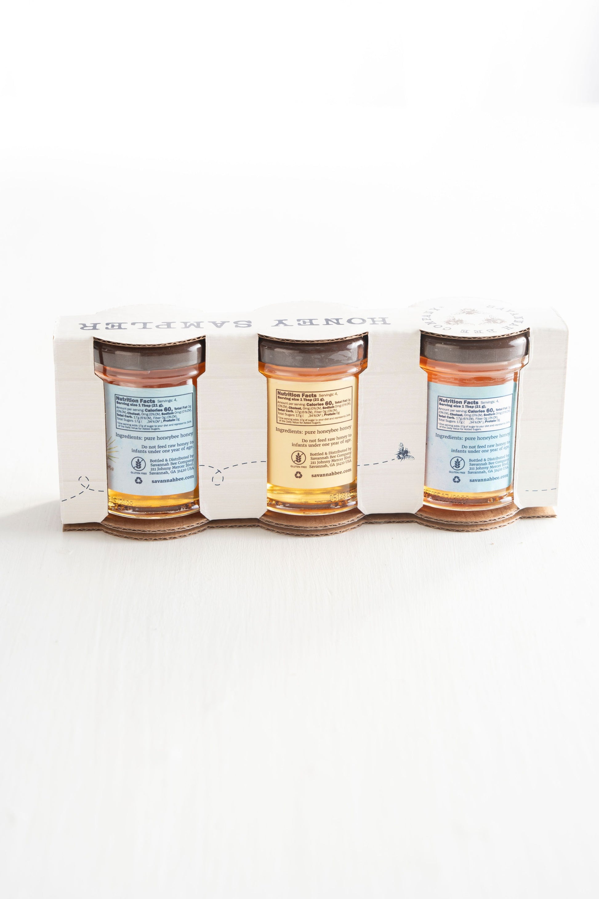 The Lowcountry Sample Set includes 3 ounce jars of Saw Palmetto Honey, Charleston Honey, and Savannah Honey.