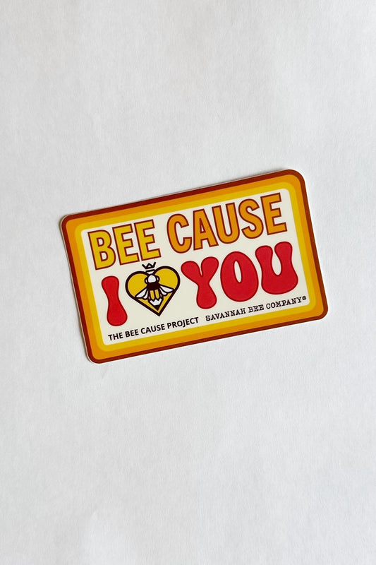Orange and Yellow groovy bee cause I love you sticker. Supporting the Bee Cause project
