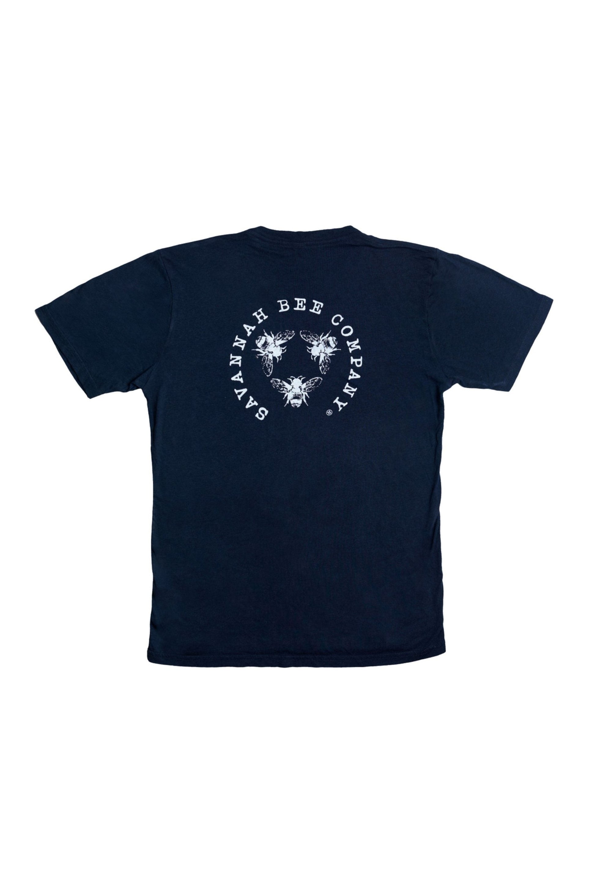Short sleeve, navy, crew neck thsirt. Back of the shirt has the Savannah Bee Company Logo in white.