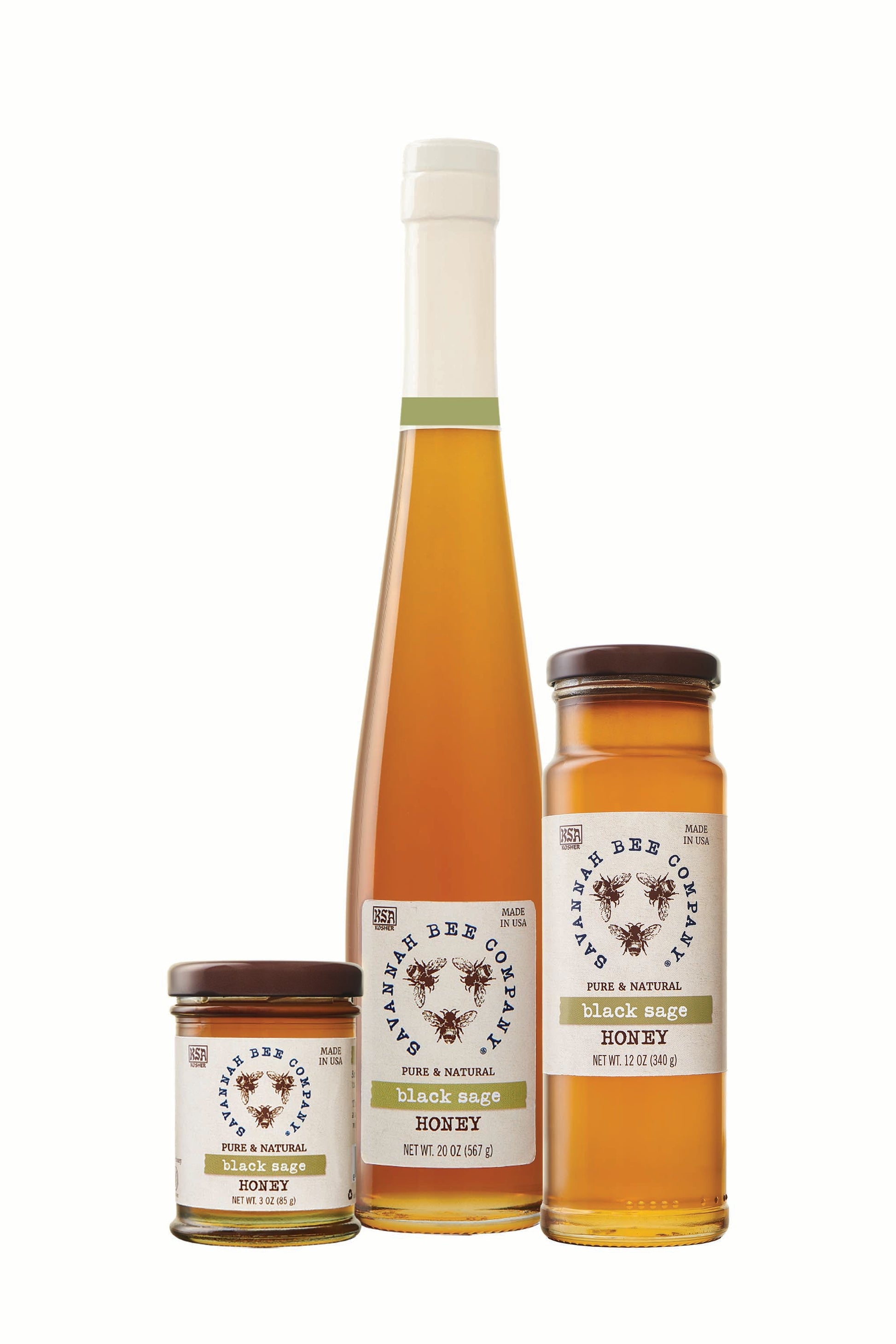 Black Sage Honey come in 3 oz. mini, 12 oz. tower and 20 oz. flute sizes studio image
