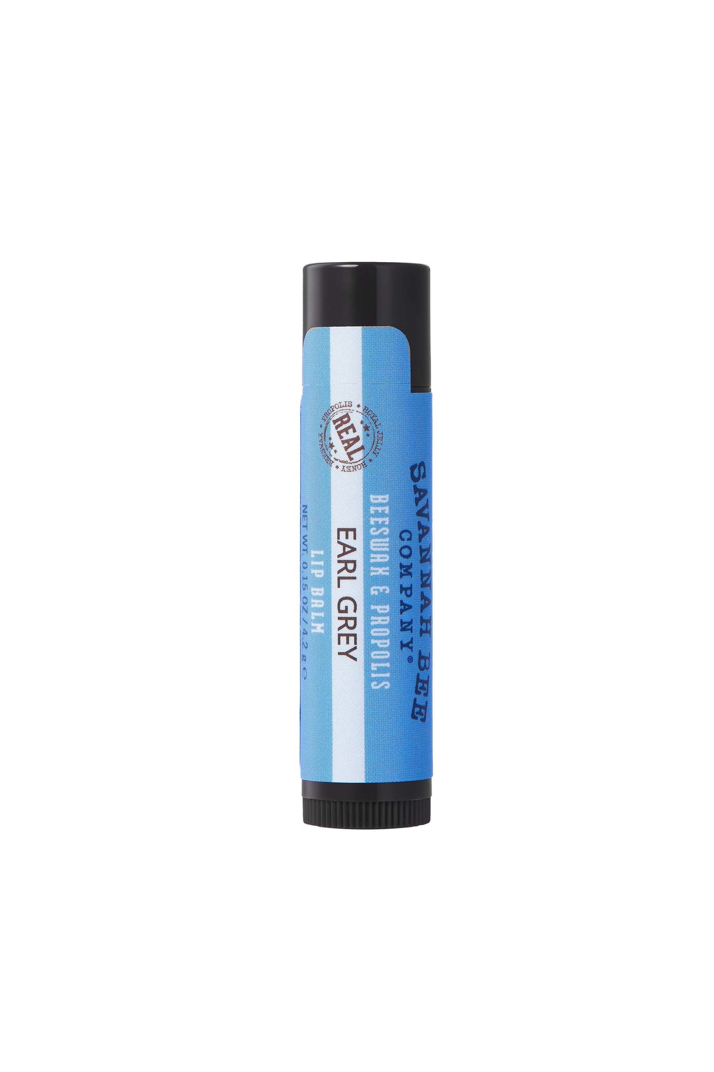 Savannah Bee Company Earl Grey Beeswax & Propolis Lip Balm blue lipstick tube, front