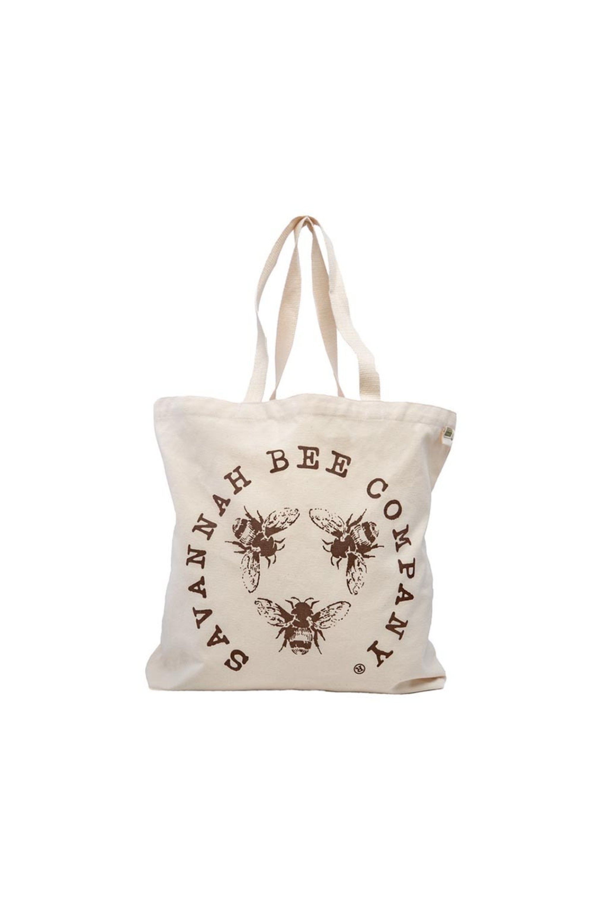 100% certified cotton cream-colored tote bag with a black  Savannah Bee Logo.