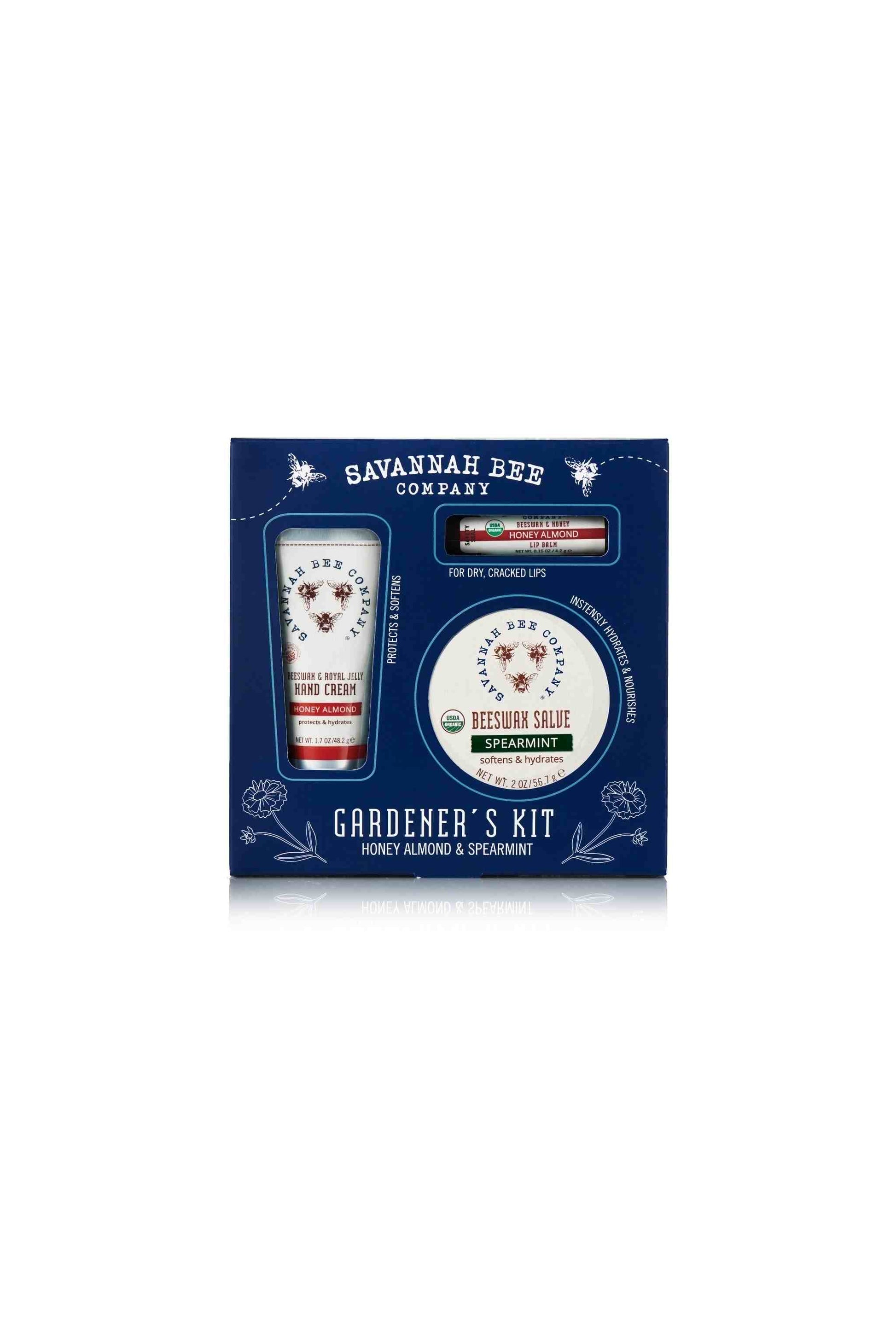 Honey Almond Gardener's Kit contains Honey Almond Beeswax Royal Jelly Hand Cream, Honey Almond Lip Balm and Beeswax Salve in blue packaging