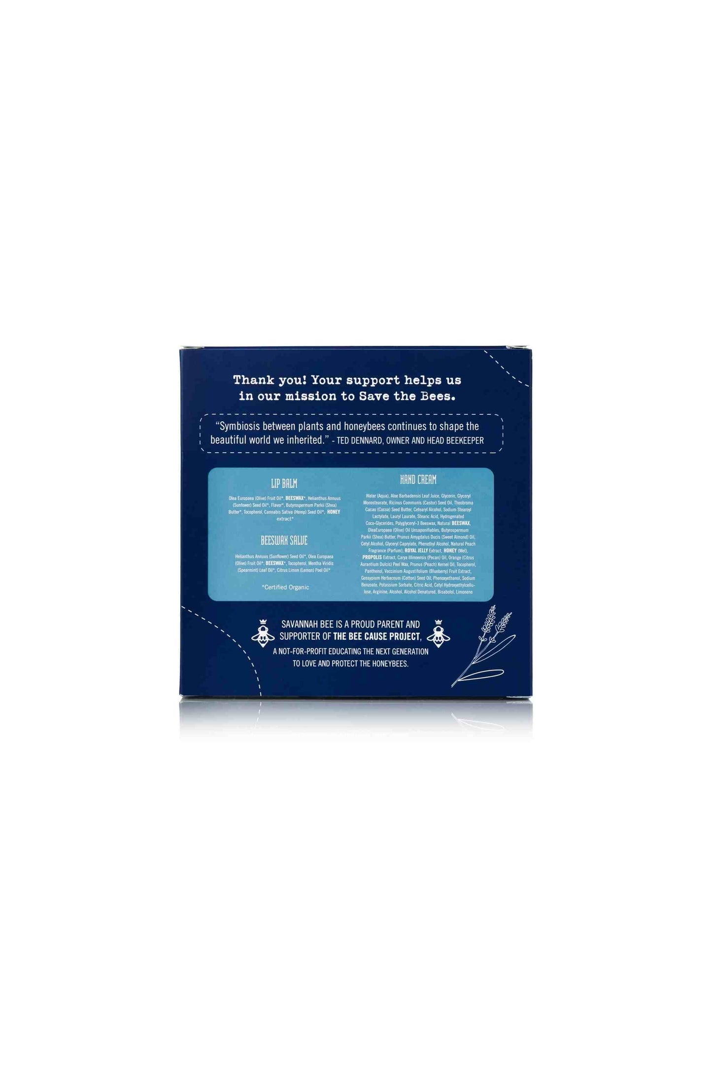 Rosemary Lavender Gardener's Kit contains Rosemary Lavender Beeswax Royal Jelly Hand Cream, Rosemary Lavender Lip Balm and Beeswax Salve in blue packaging