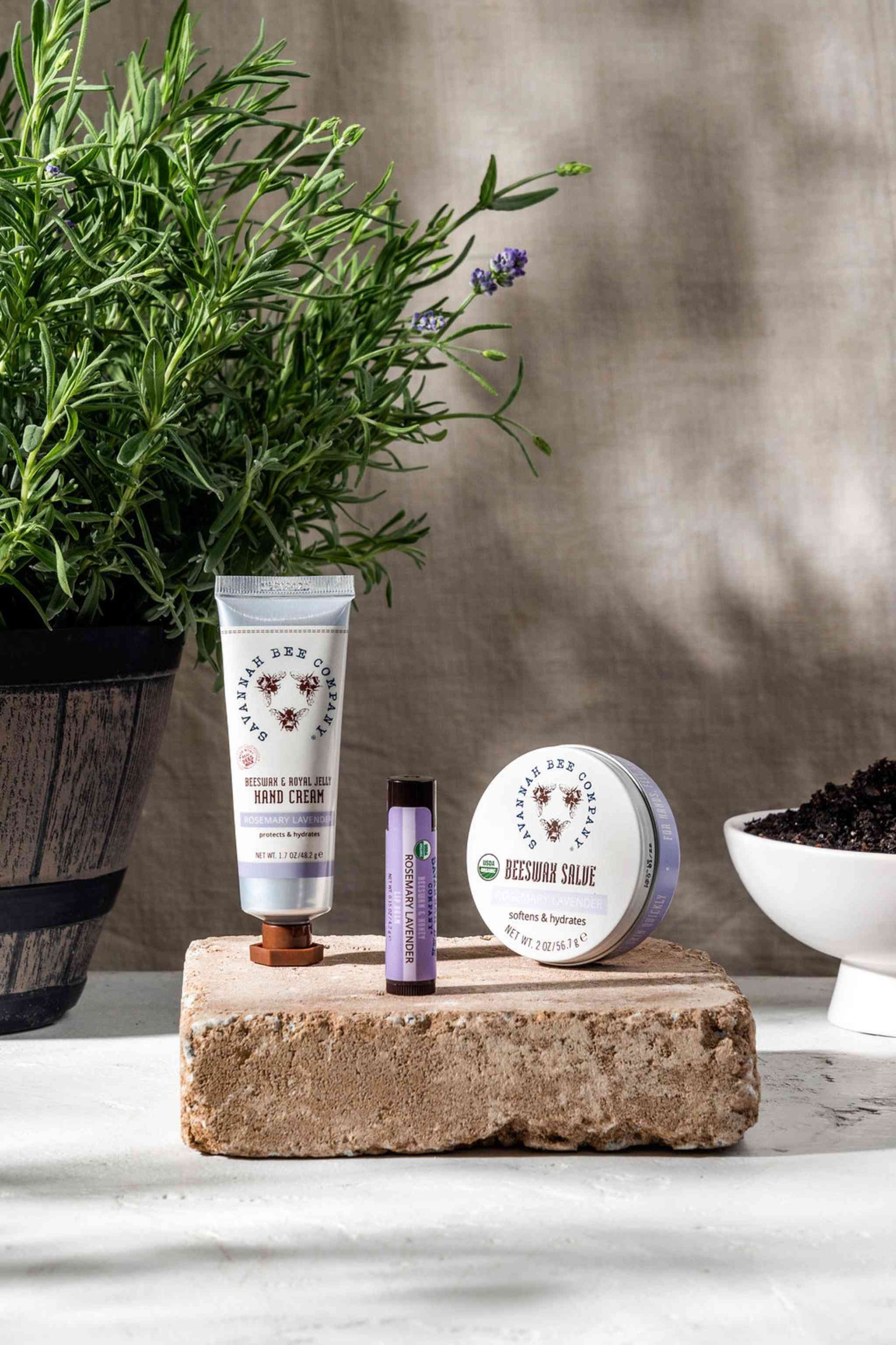 Rosemary Lavender Gardener's Kit contains Rosemary Lavender Beeswax Royal Jelly Hand Cream, Rosemary Lavender Lip Balm and Beeswax Salve