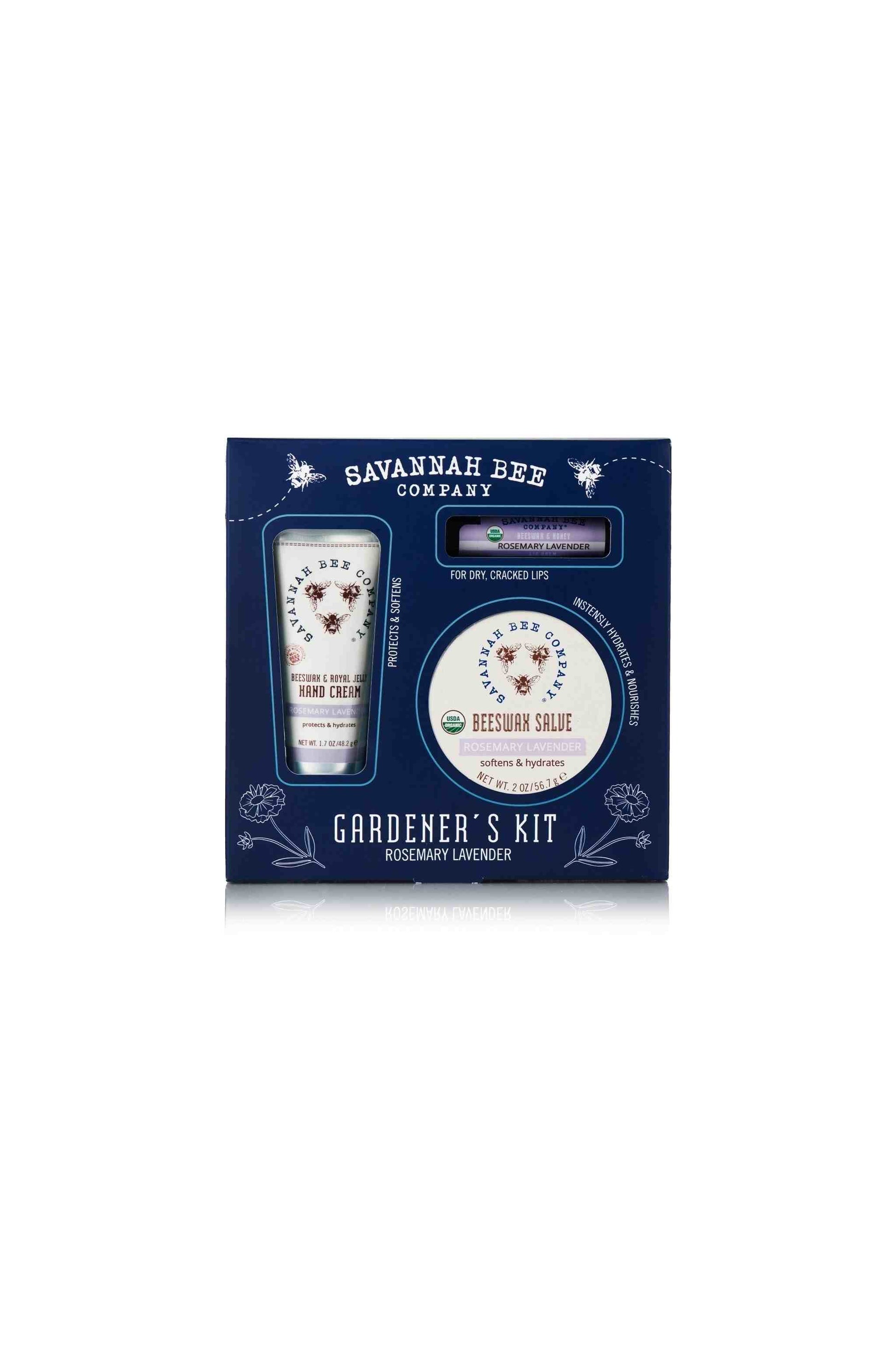 Rosemary Lavender Gardener's Kit contains Rosemary Lavender Beeswax Royal Jelly Hand Cream, Rosemary Lavender Lip Balm and Beeswax Salve in blue packaging