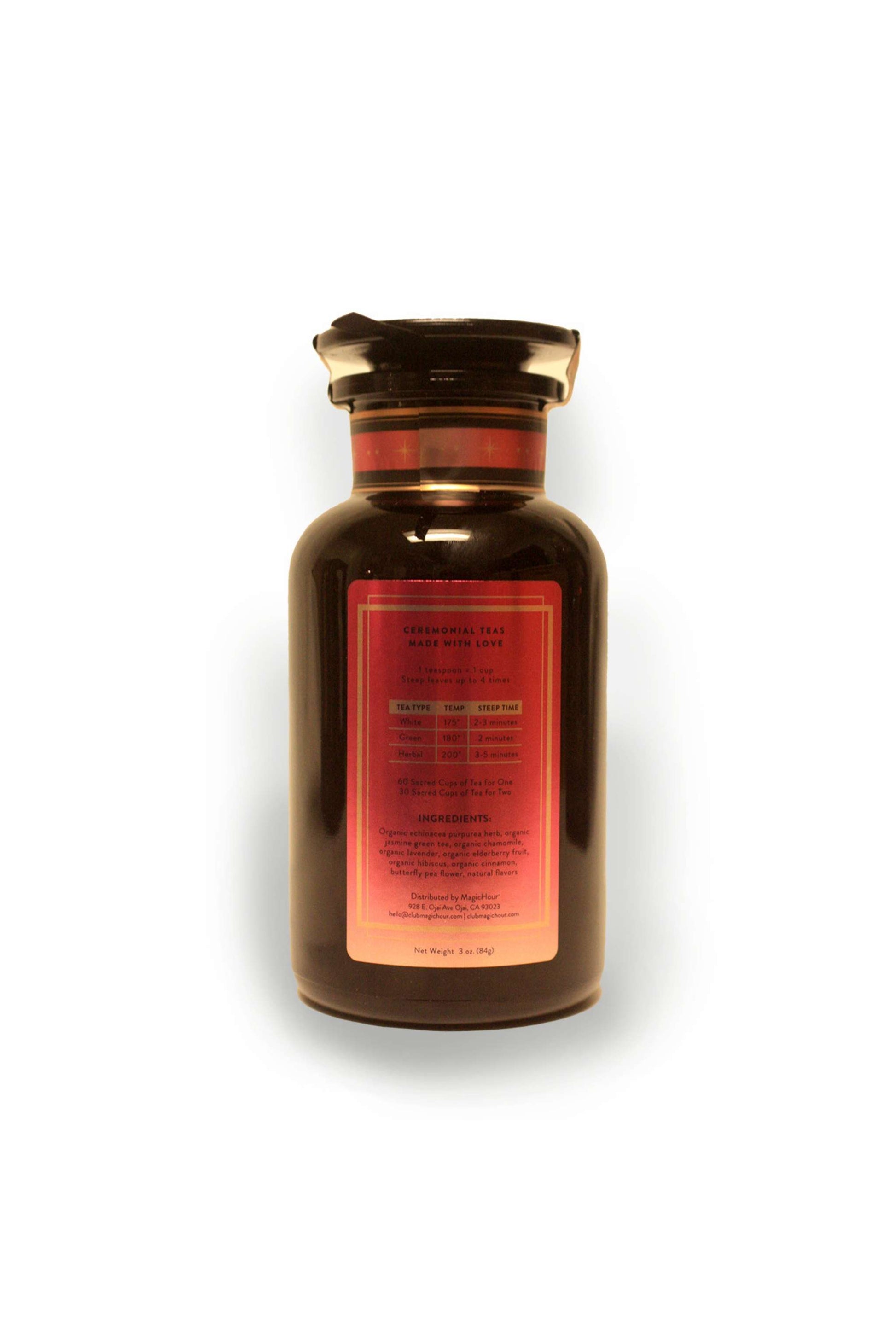 The back of the violet glass bottle shows the ingredients and gives steeping instructions for the tea.