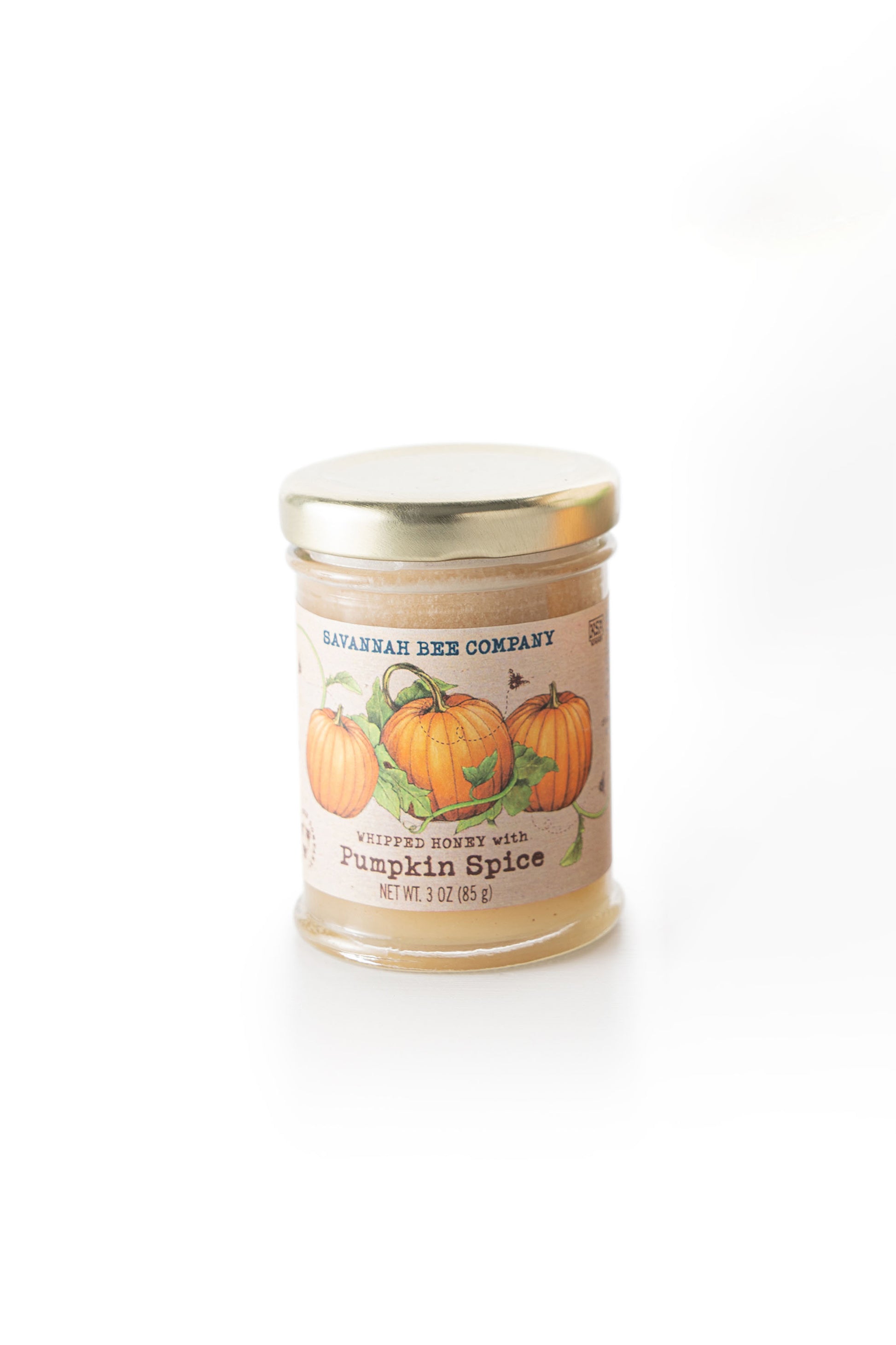 3 ounce pumpkin spice whipped honey front facing against a white background.