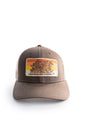 brown trucker hat with oak tree and bee boxes facing front