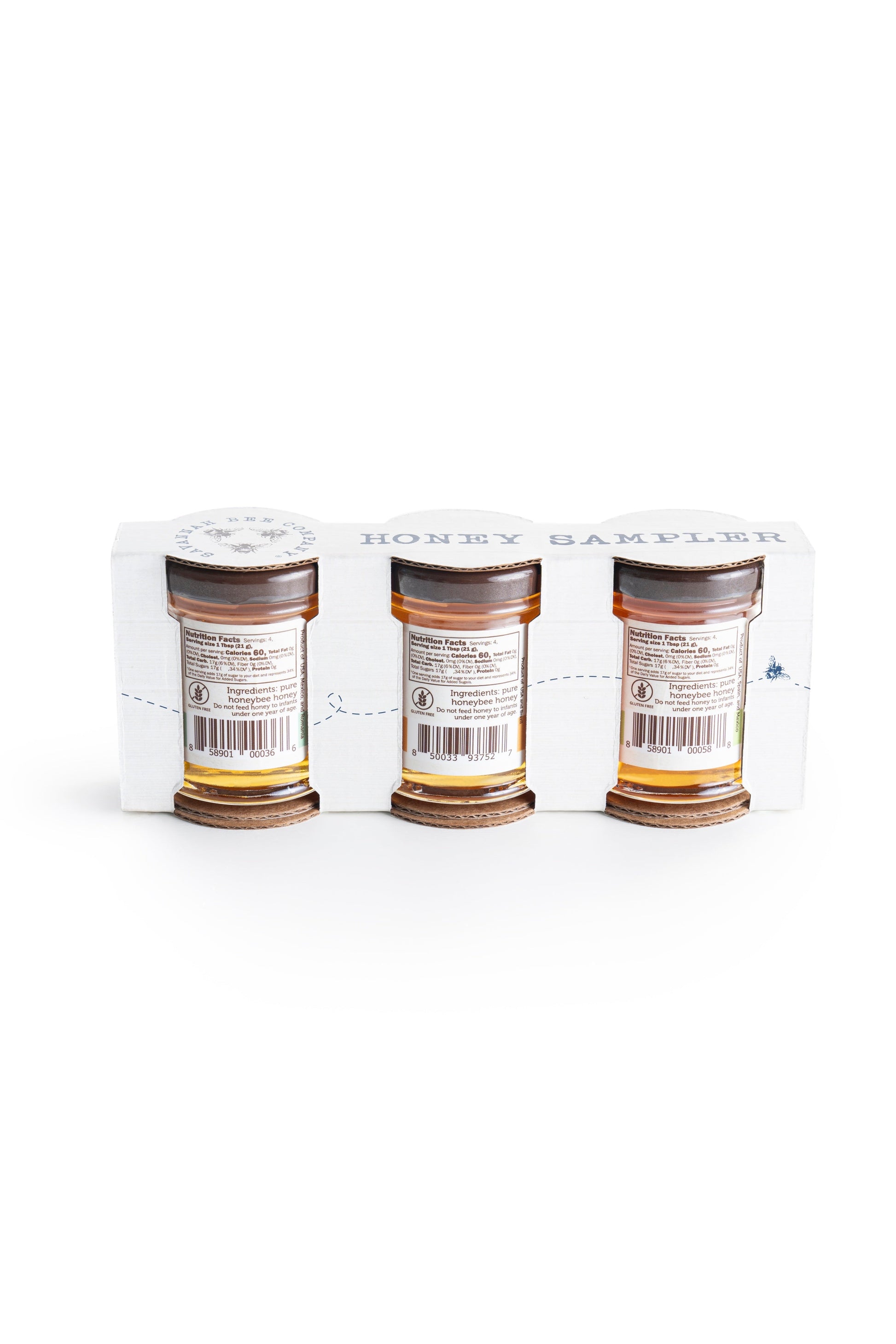 3oz honey for cheese, 3oz honey for coffee, 3oz honey for tea in a honey sample cardboard wrap, rear facing
