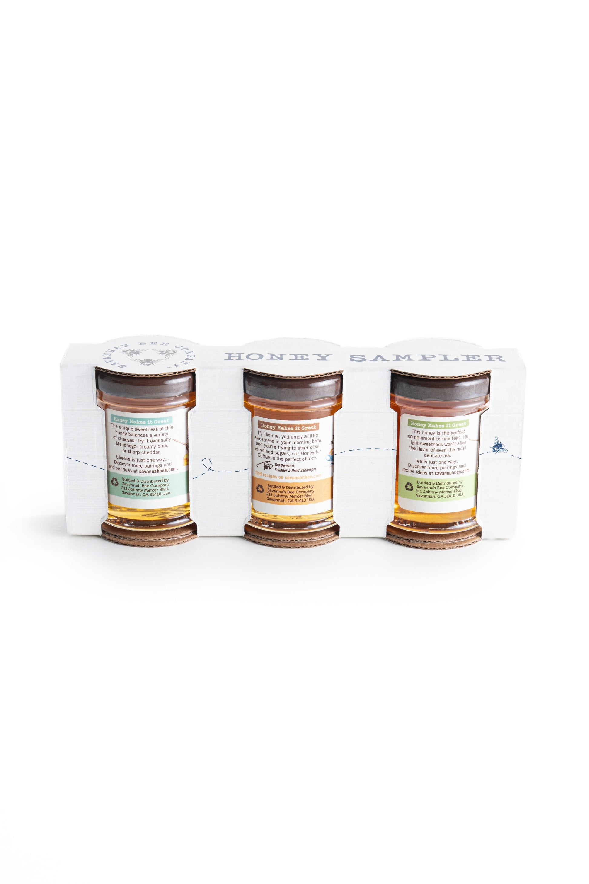 3oz honey for cheese, 3oz honey for coffee, 3oz honey for tea in a honey sample cardboard wrap, side facing