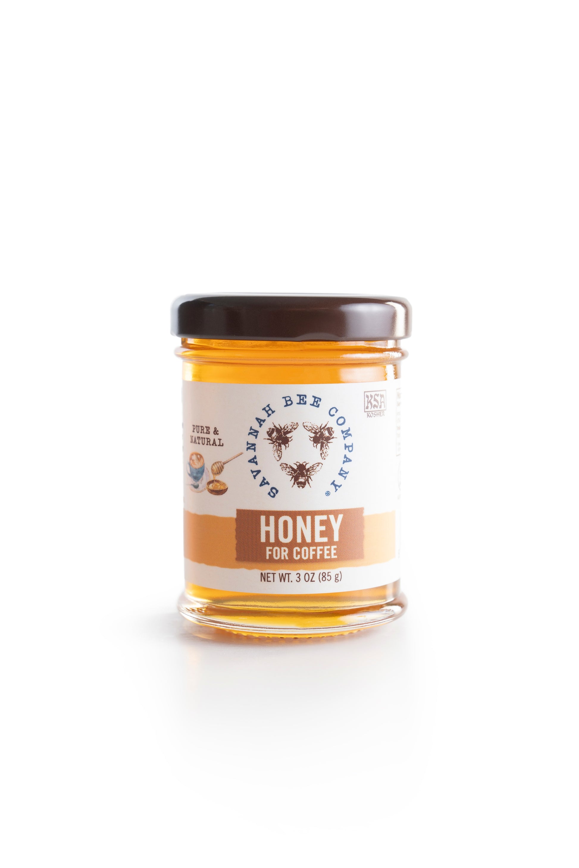 3 ounce Honey for coffee in a glass jar front view on a white background
