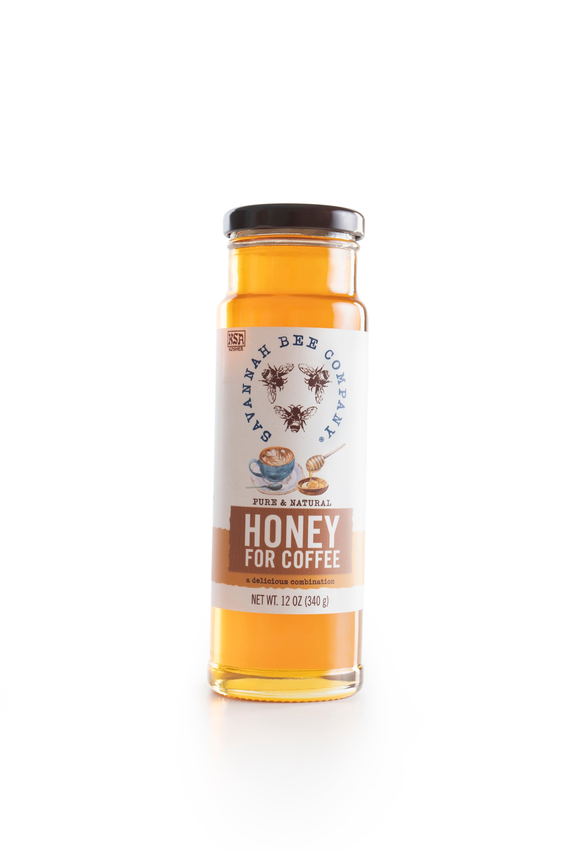 12 oz Honey for coffee in a glass jar front view on a white background