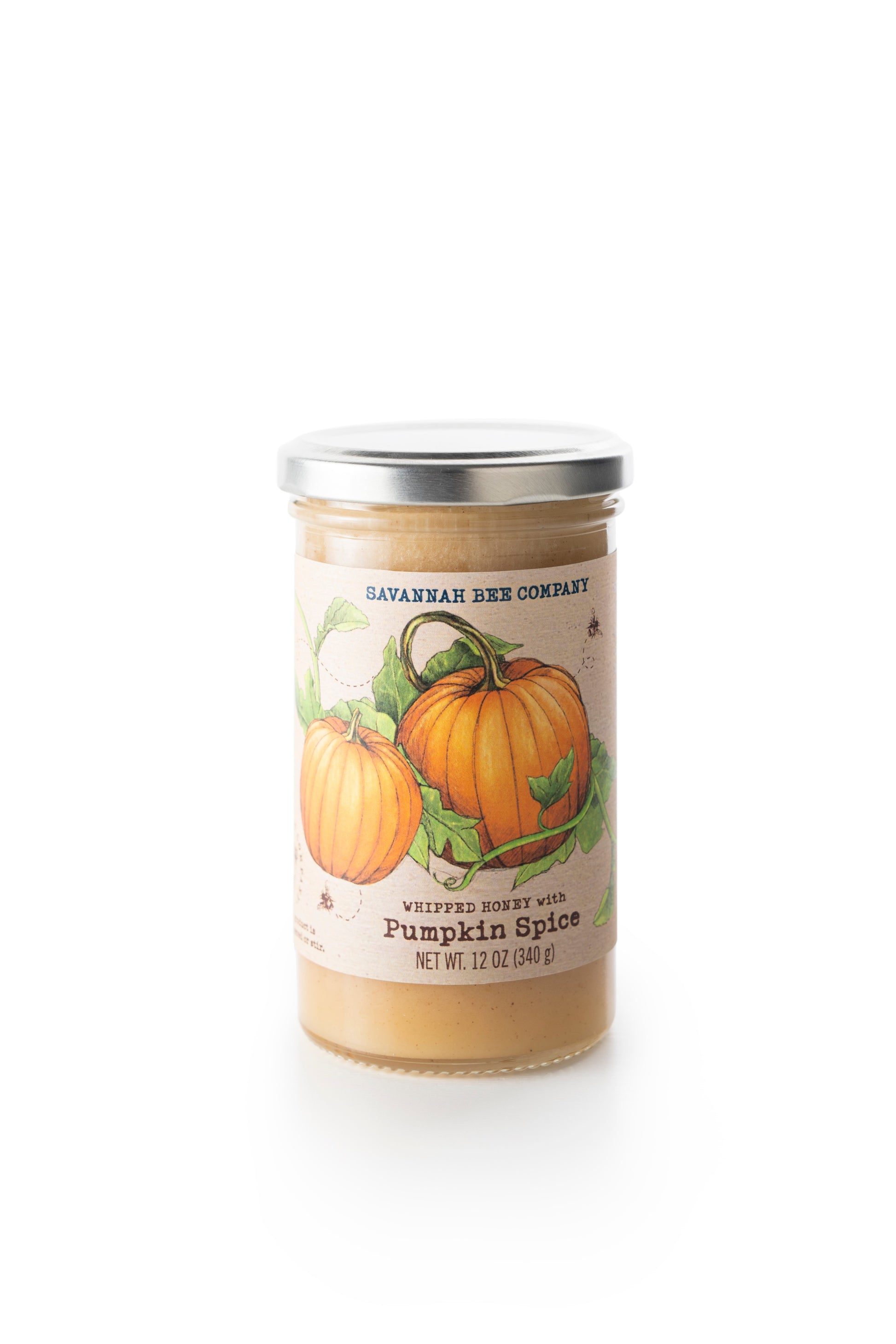 12 ounce pumpkin spice whipped honey front facing against a white background.