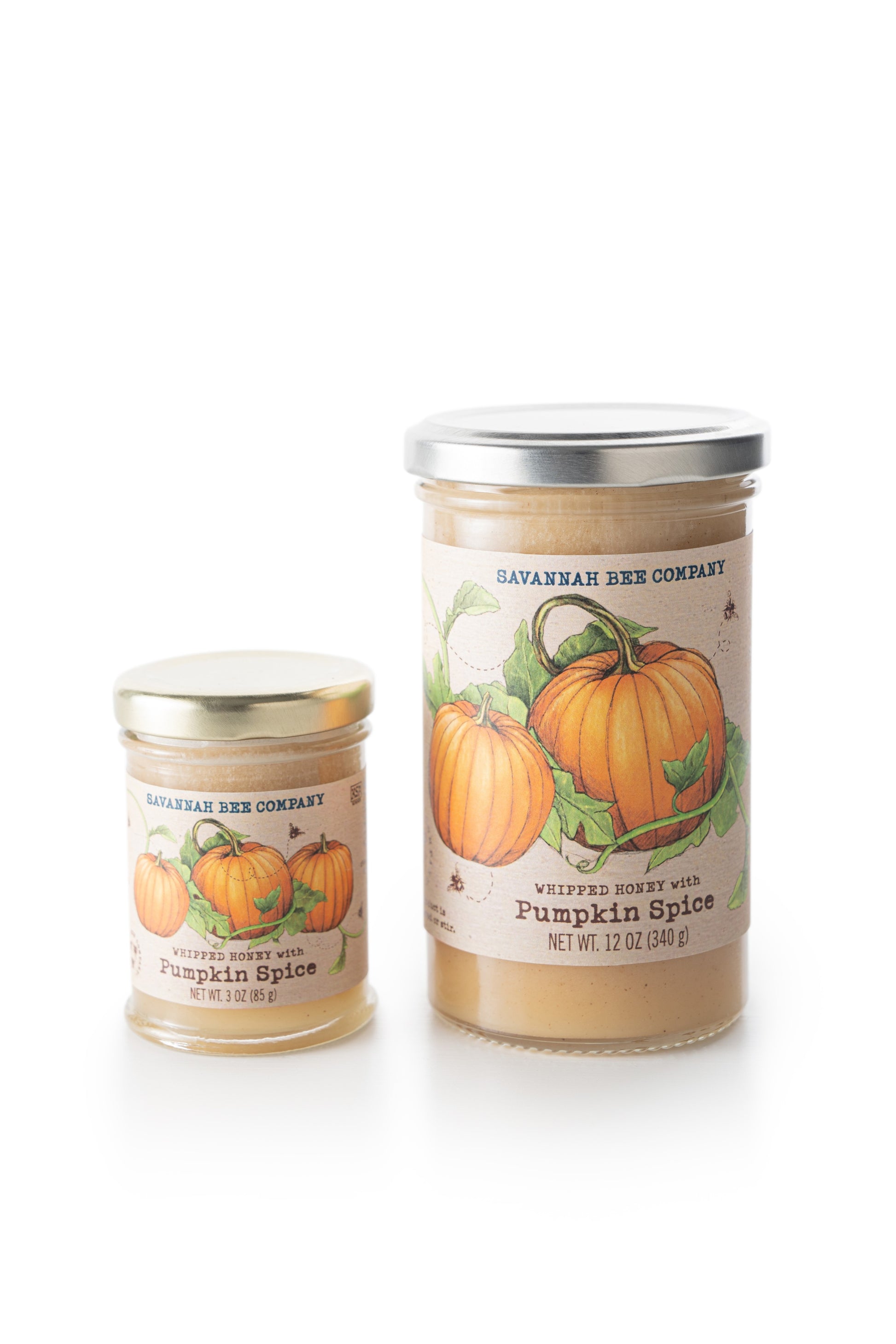 12 and 3 ounce pumpkin spice whipped honey front facing against a white background.