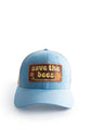 Blue save the bees trucker hat with groovy font facing front