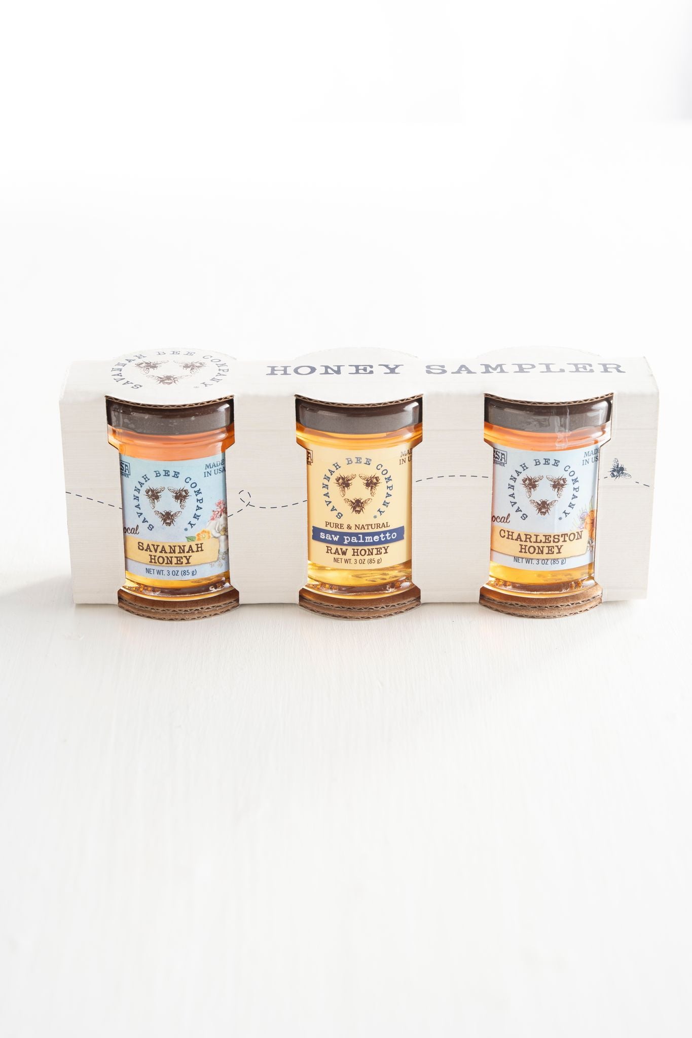 The Lowcountry Sample Set includes 3 ounce jars of Saw Palmetto Honey, Charleston Honey, and Savannah Honey.