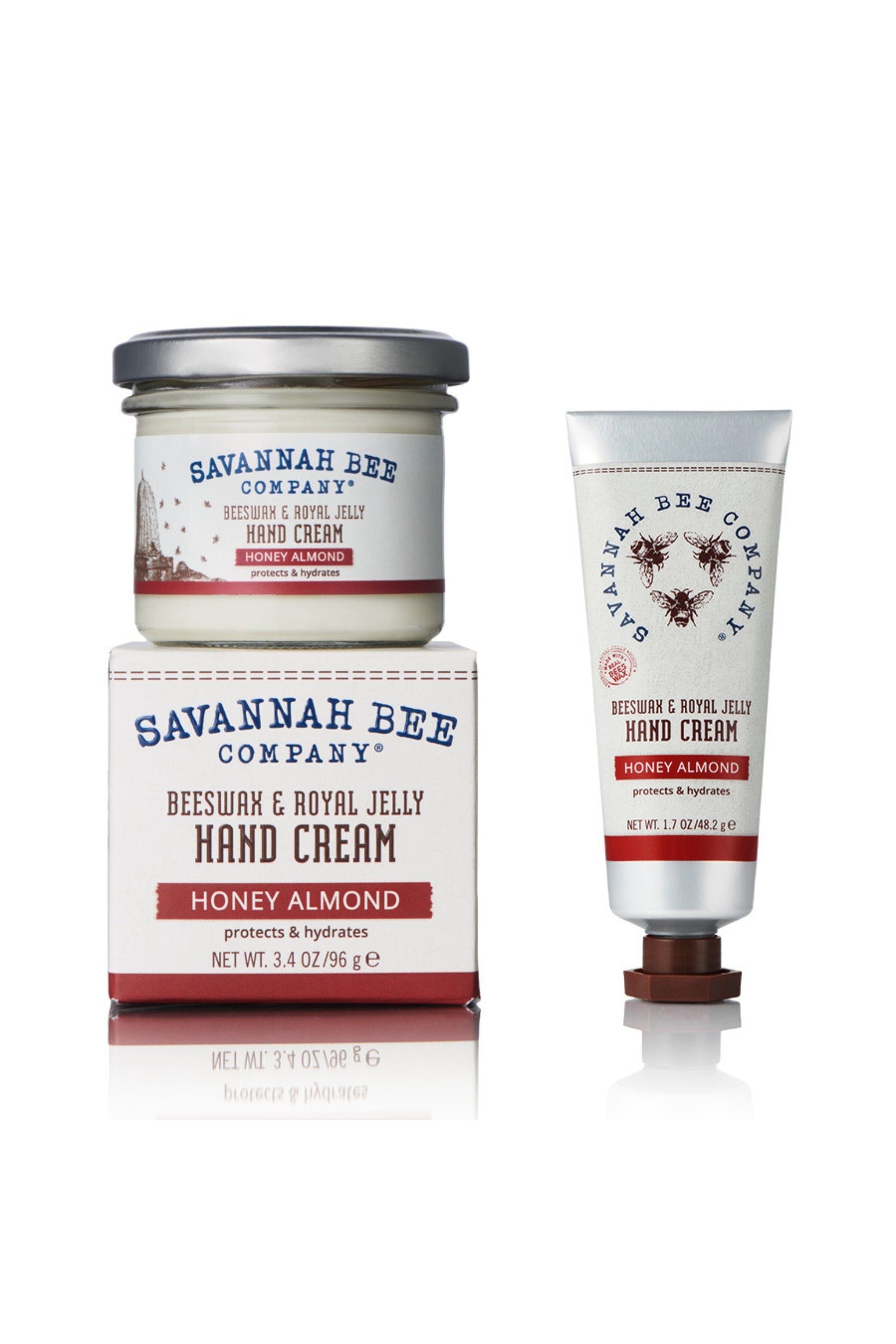 Honey Almond Beeswax & Royal Jelly Hand cream in a Jar or Tube studio shot.
