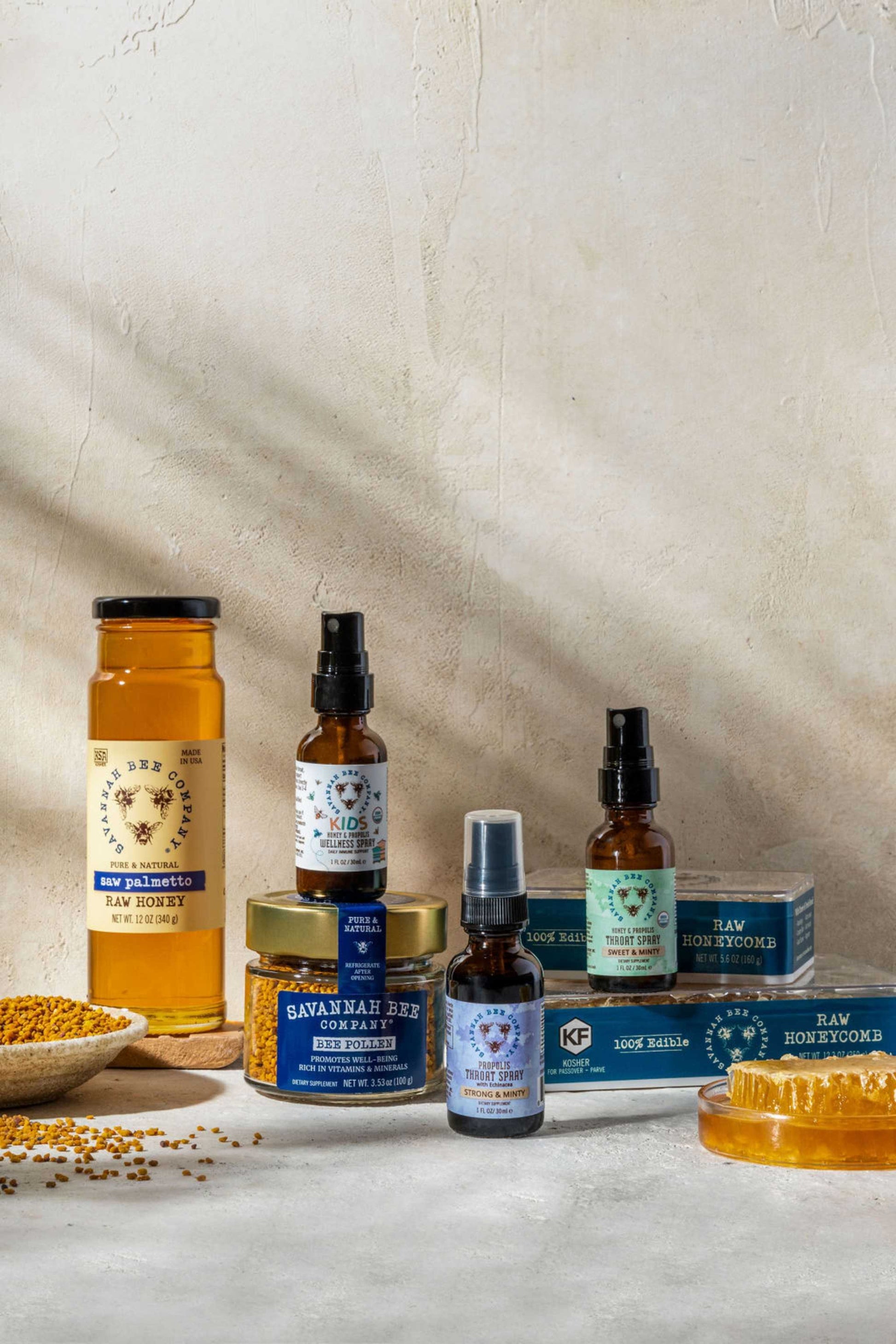 All things wellness. Saw Palemtto Honey 12 oz. tower, Wellness and Propolis Spray, Bee Pollen and Raw Honey Comb