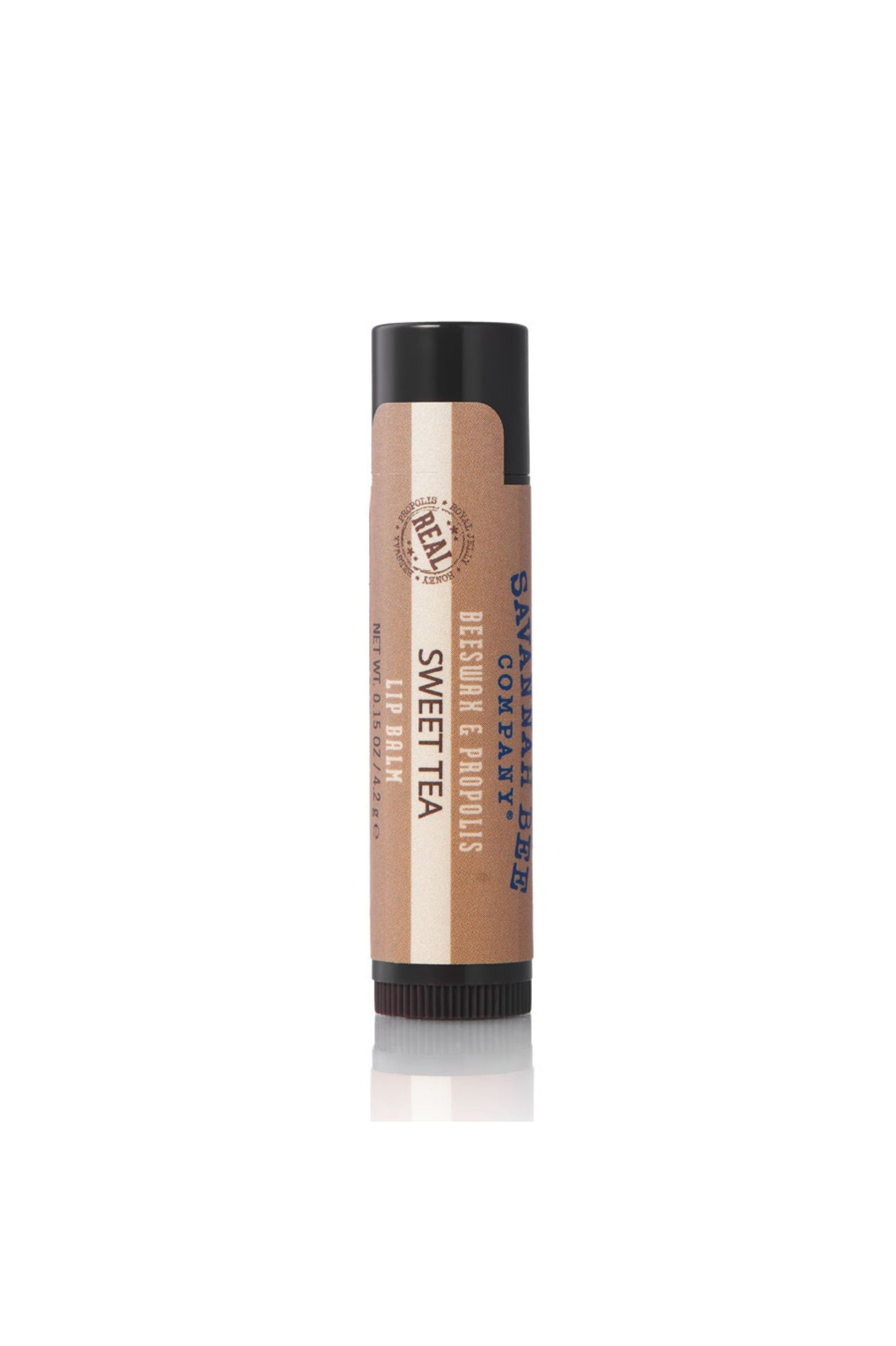 Savannah Bee Company Sweet Tea Beeswax & Propolis Lip Balm brown colored lipstick tube. 