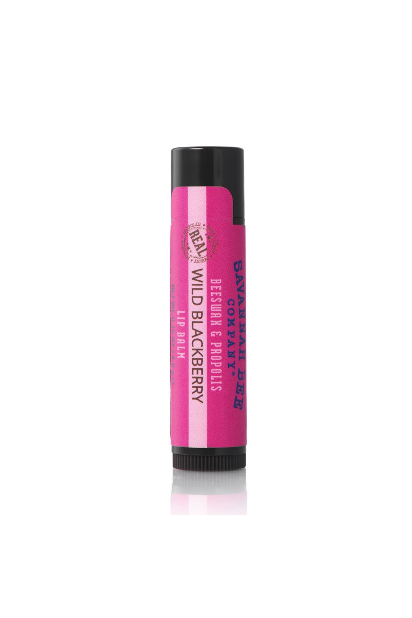 Wild Blackberry Beeswax & Propolis Lip Balm hot pink lipstick tube. 