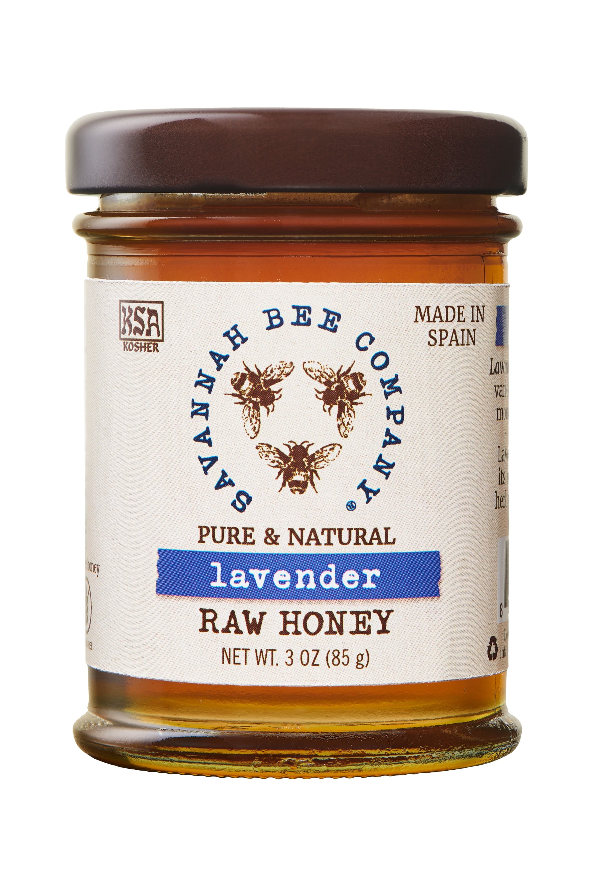 Pure & Natural Lavender Raw Honey 3 oz. mini studio shot.