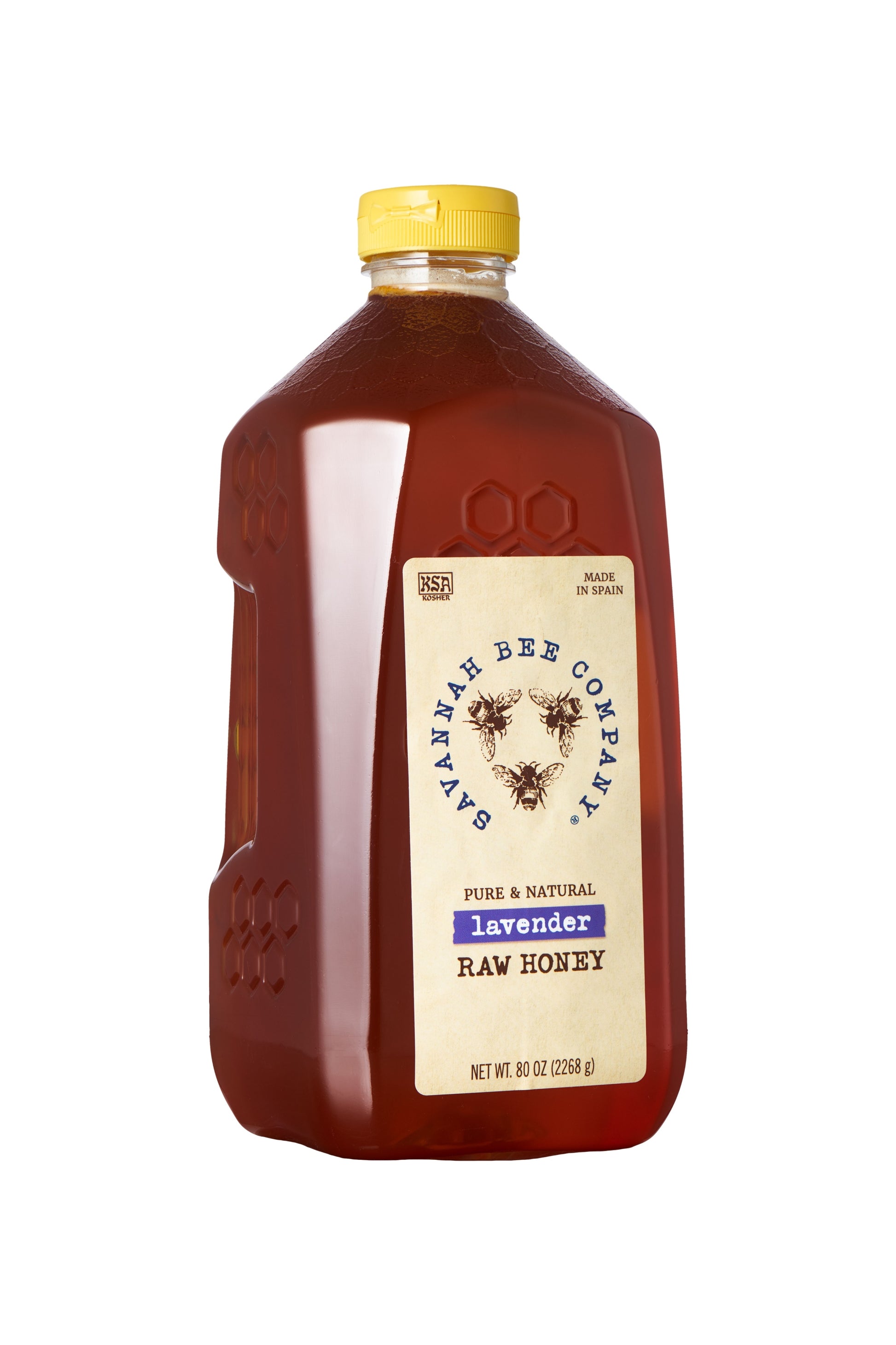 Pure & Natural Lavender Raw Honey 80 oz. gallon studio shot.