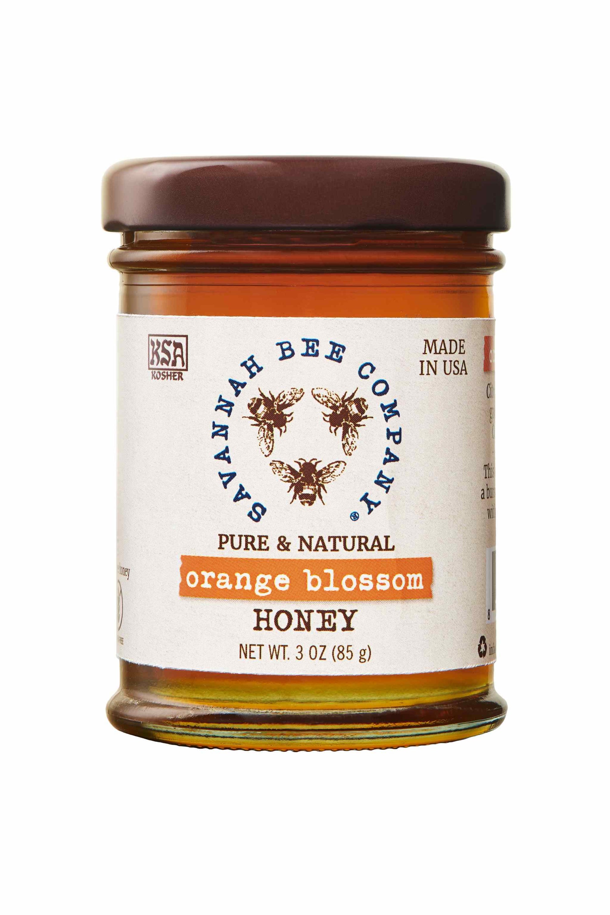 Pure & Natural Orange Blossom Honey 3 oz. mini studio shot.