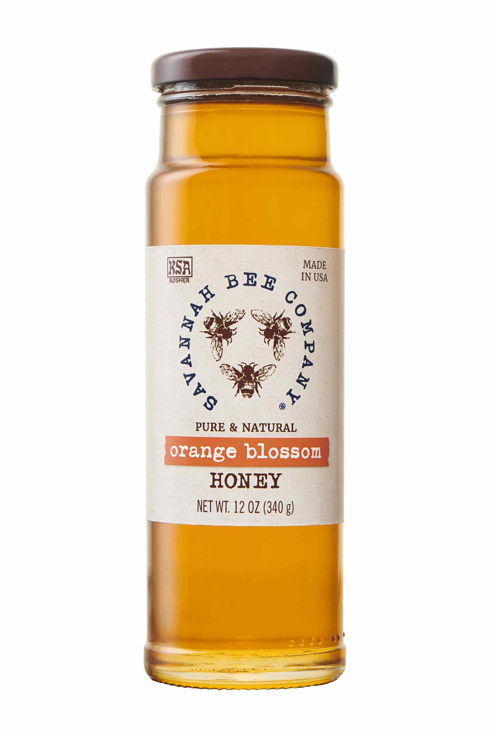 Pure & Natural Orange Blossom Honey 12 oz. tower studio shot.