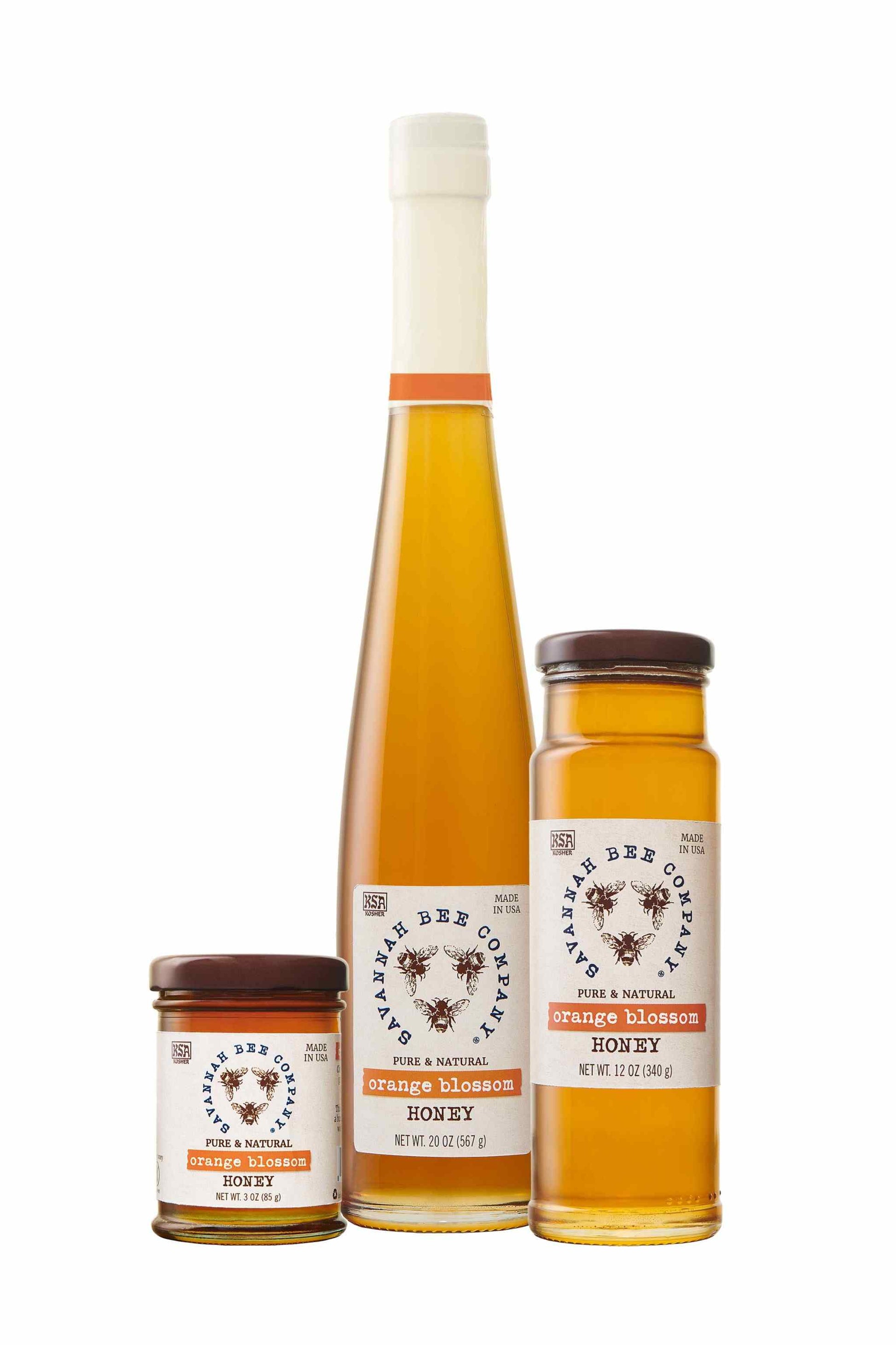 Pure & Natural Orange Blossom Honey 3 oz. mini, 12 oz. tower and 20 oz. flute studio shot.