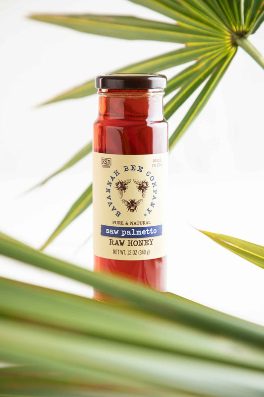 12 ounce Saw Palmetto honey with palm branches.
