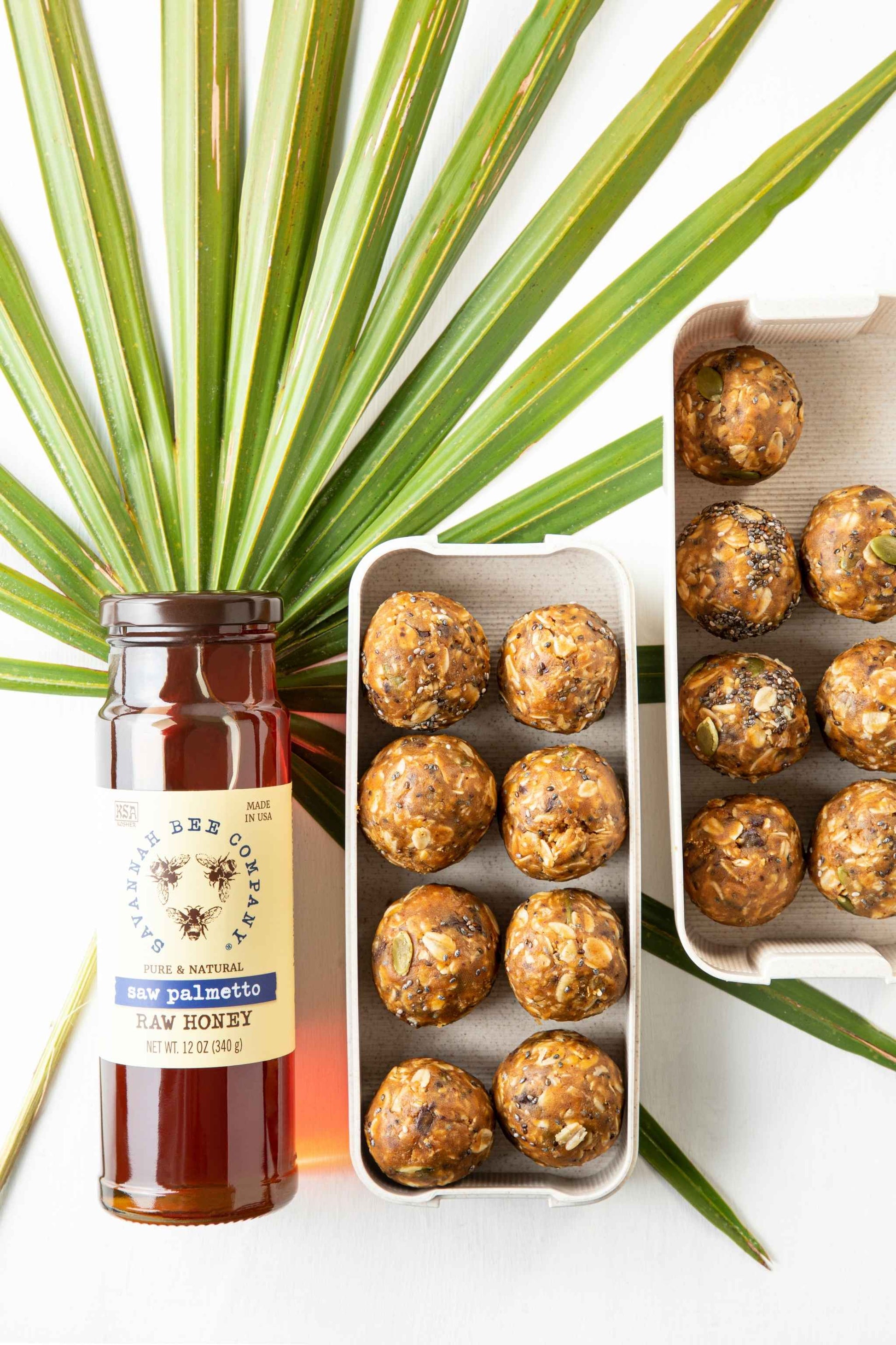 12 ounce Saw Palmetto honey with palmetto branch and two trays of peanut butter power balls. 