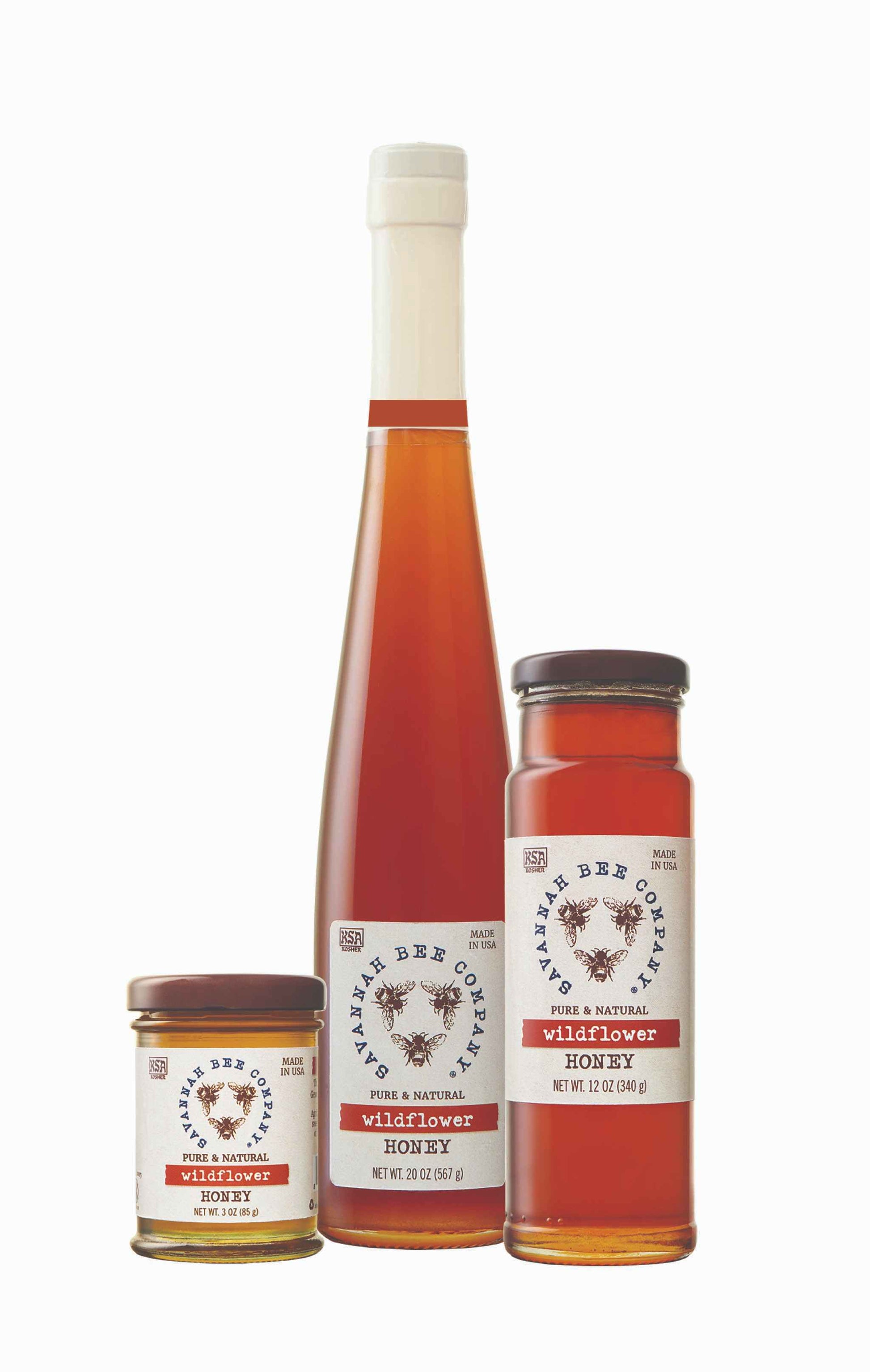 Pure & Natural Wildflower Honey 3 oz. mini, 12 oz. tower and 20 oz. flute