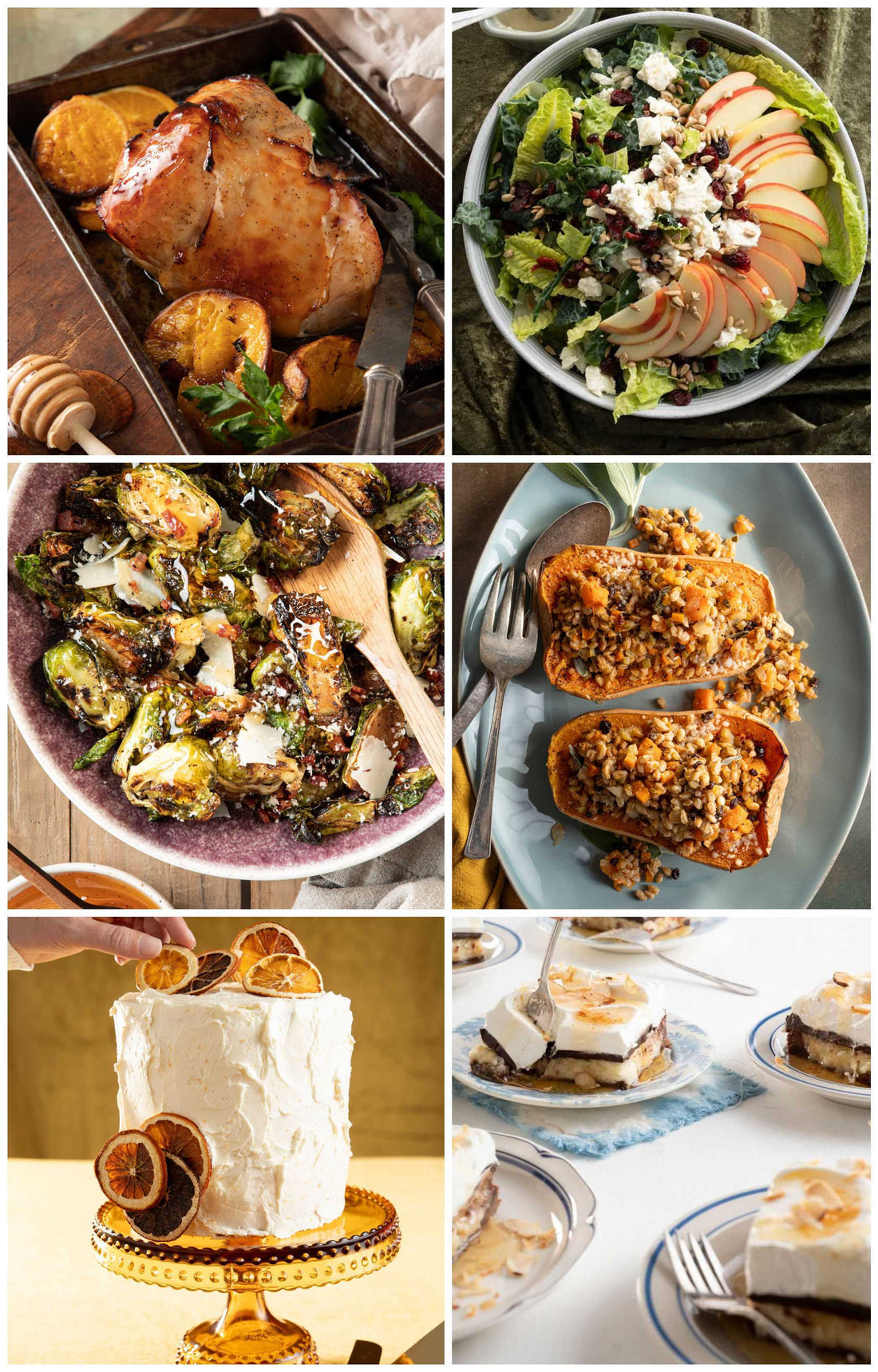 Turkey, salad, Brussel sprouts, stuffed squash, orange cream cake, and coconut tarts.