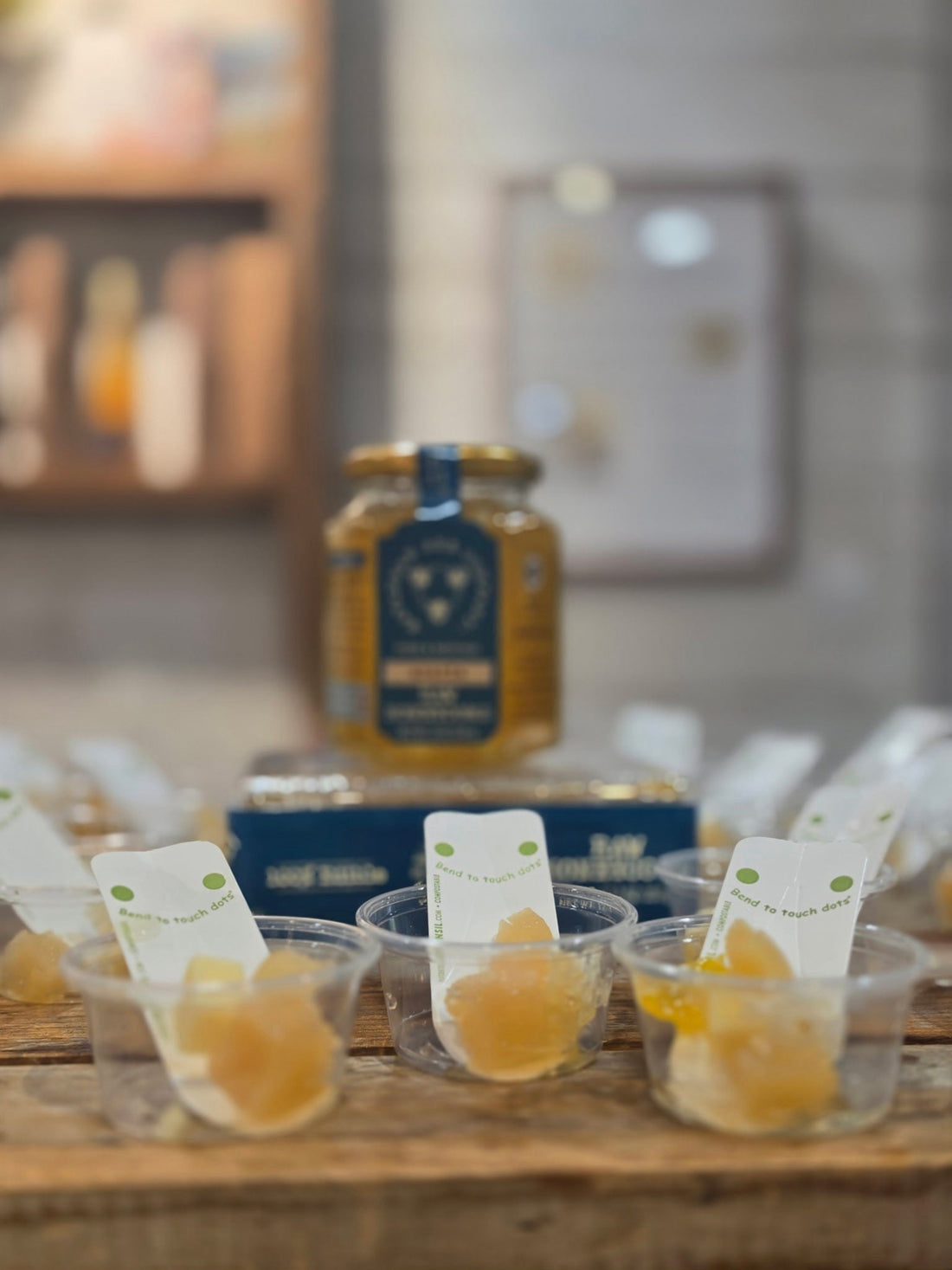 savannah bee raw honeycomb in sample cups