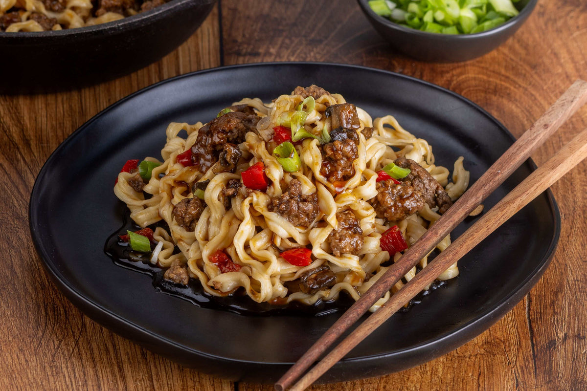 Spicy Beef Noodles and chop sticks.