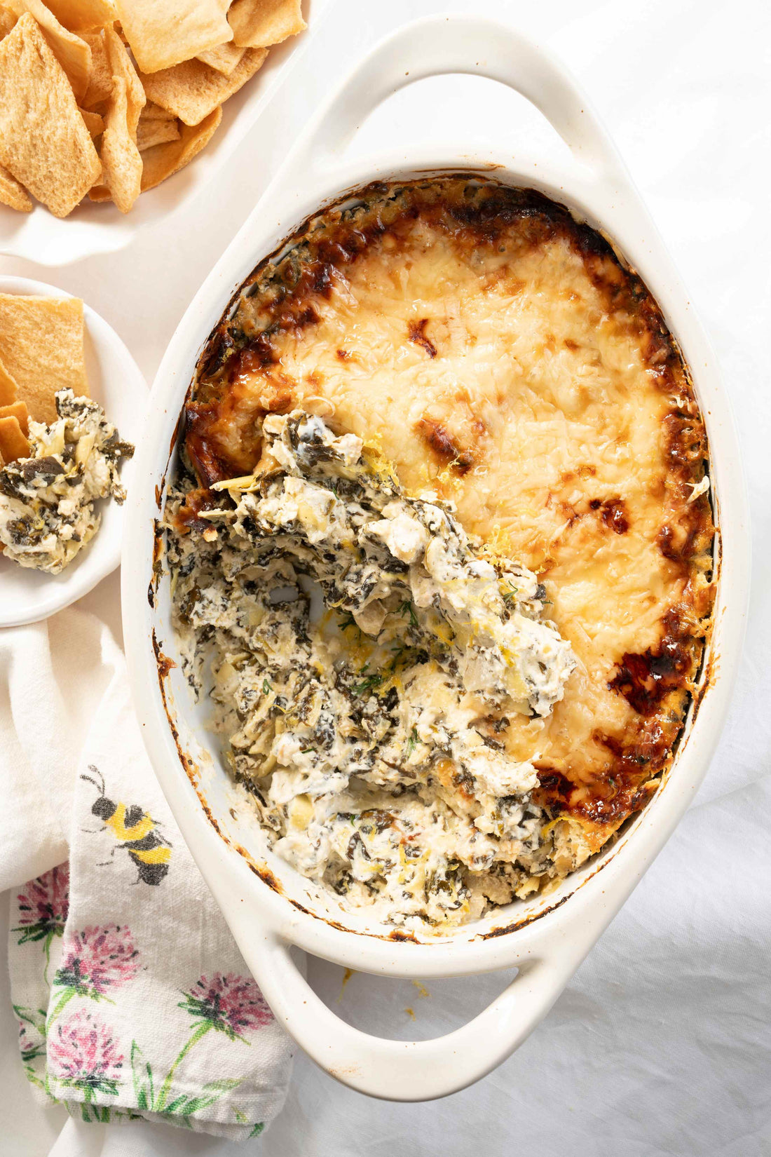 Spinach and Artichoke dip with pita chips.