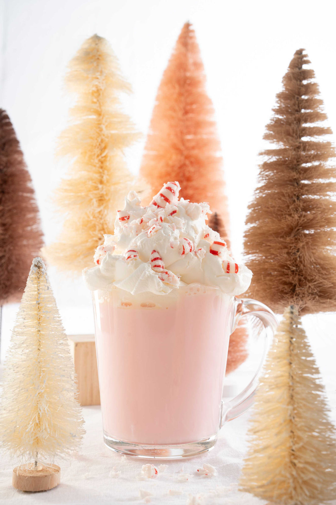 Peppermint hot cocoa with whipped cream and peppermint crunch. 