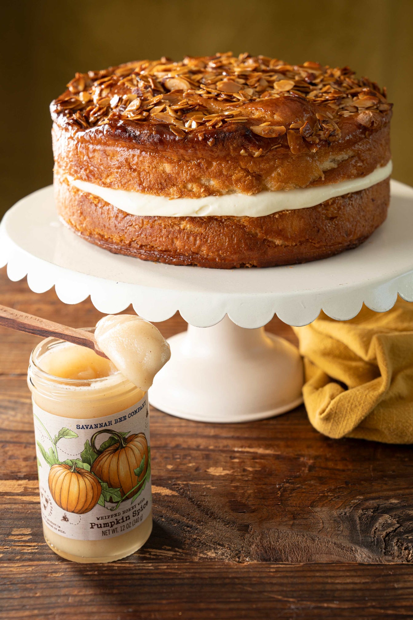  Bee sting cake with pumpkin spice whipped honey on display.