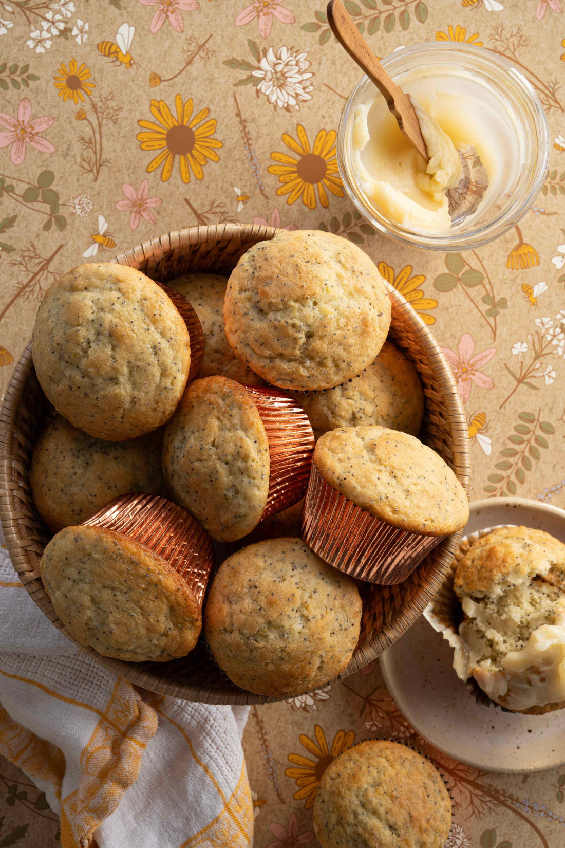 Lemon poppyseed muffins in a bowl.