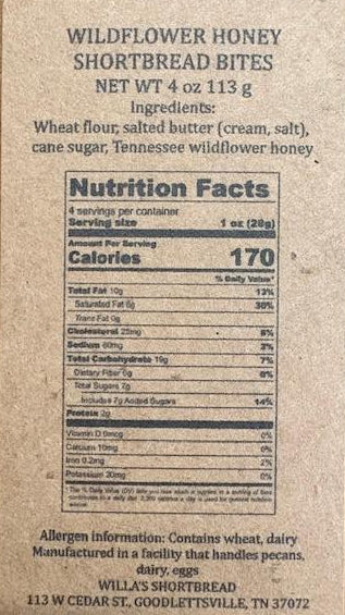 Nutrition facts label for Wildflower Honey Shortbread Bites on a brown. 170 calories per serving.background
