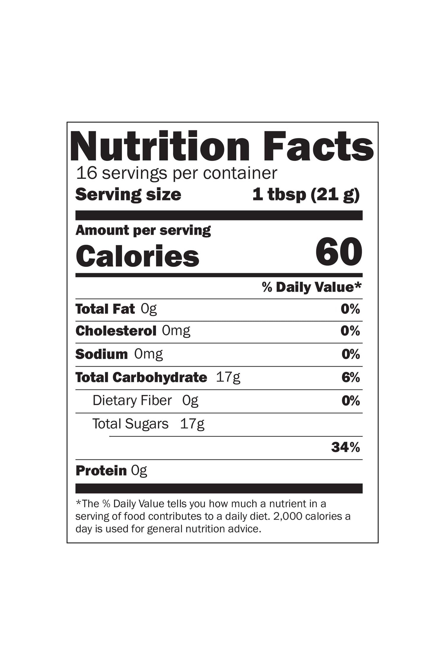 Nutrition facts label for a product with 60 calories per serving on a white background