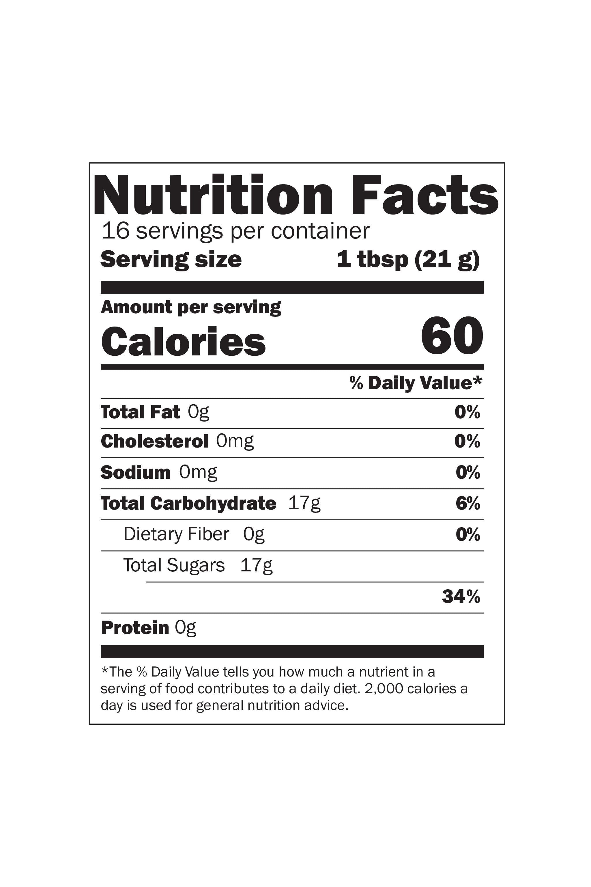 Nutrition facts label for a product with 60 calories per serving on a white background