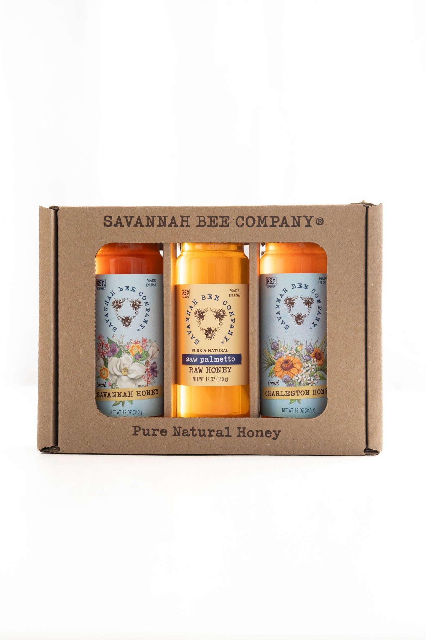 Local Savannah Honey, Pure & Natural Saw Palmetto Raw Honey and Local Charleston Honey 12 oz. towers in a gift box